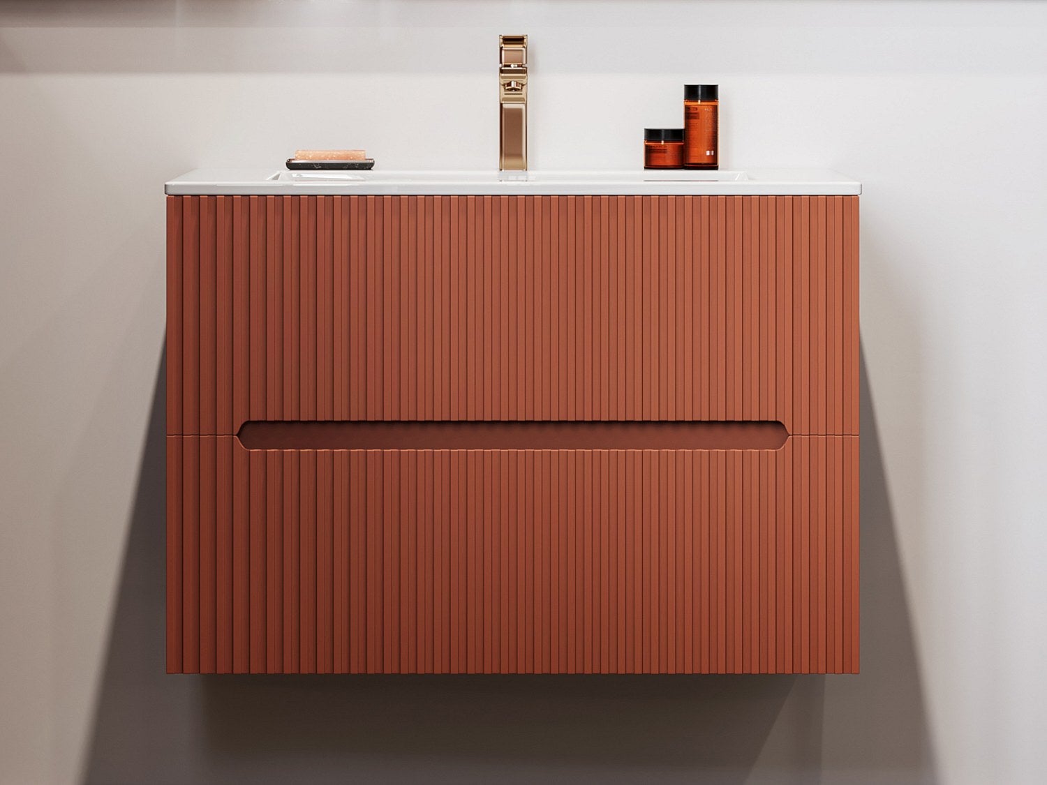 Szafka łazienkowa wisząca ryflowana z umywalką - Terakotowy - 80 cm - PAVANI
