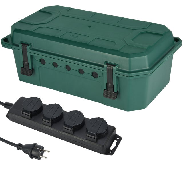 Electraline 300182 Boîte de protection étanche pour extérieure,IP54 avec Bloc Multiprise, 4 prises IP44 avec capuchons , Câble de 5M H05RR-F 3G1.5