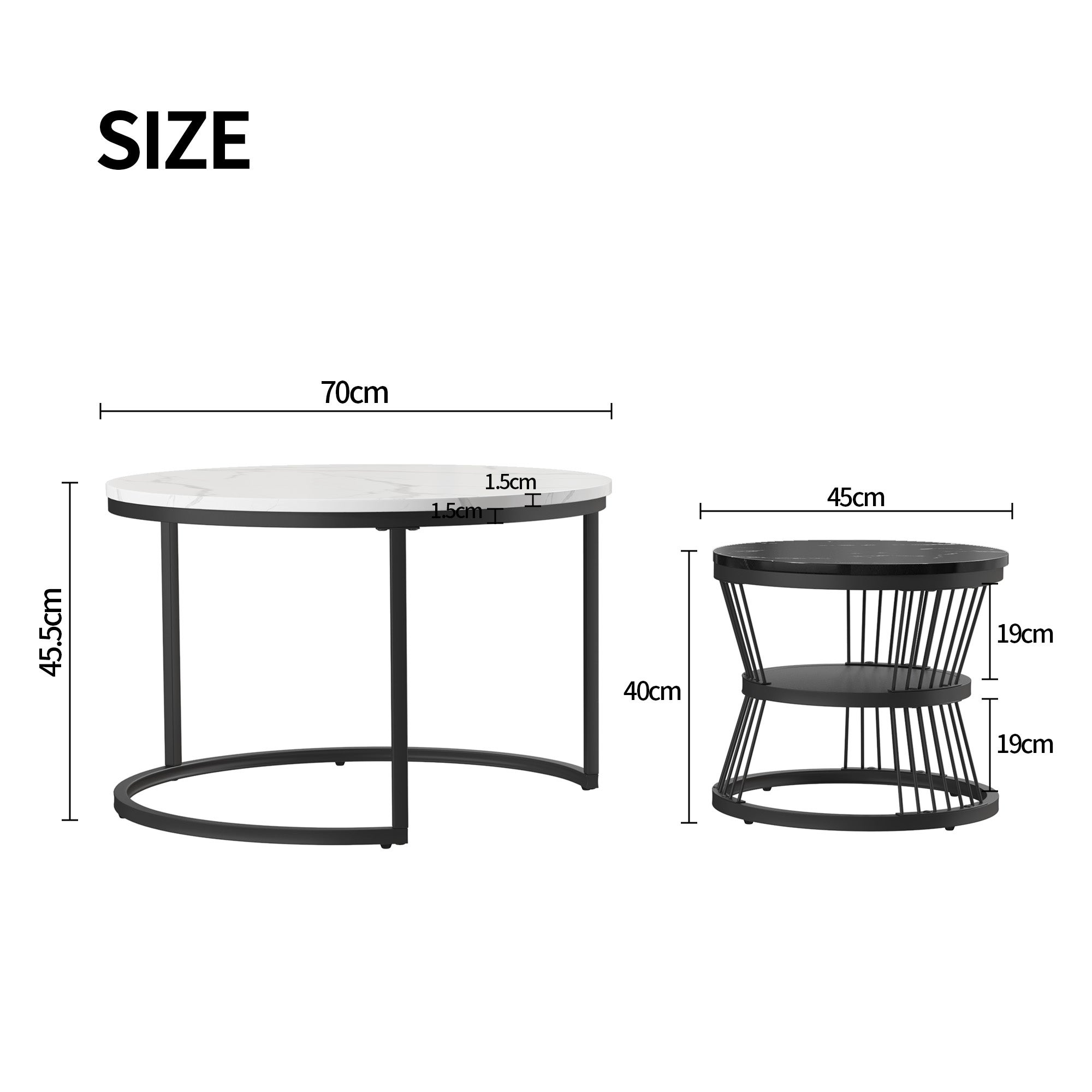 Ensemble de 2 Tables Basses Rondes, Tables Gigognes de Salon Modernes avec Pieds en Métal Doré, Noir et Blanc(70 x 45.5cm) - 2