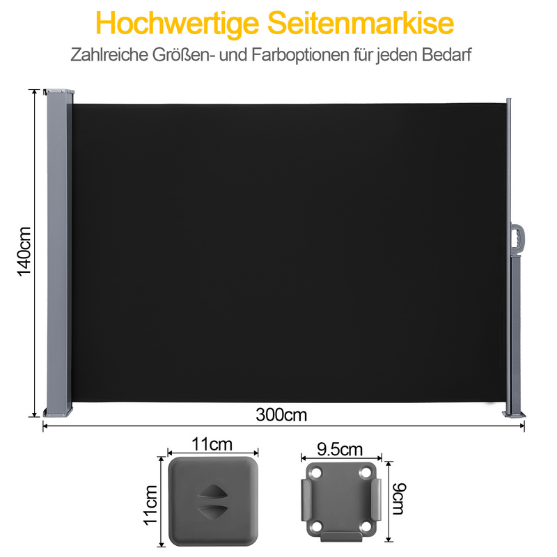 Toldo lateral extensible balcón antracita protección solar full cassette pantalla privacidad antracita 140*300cm