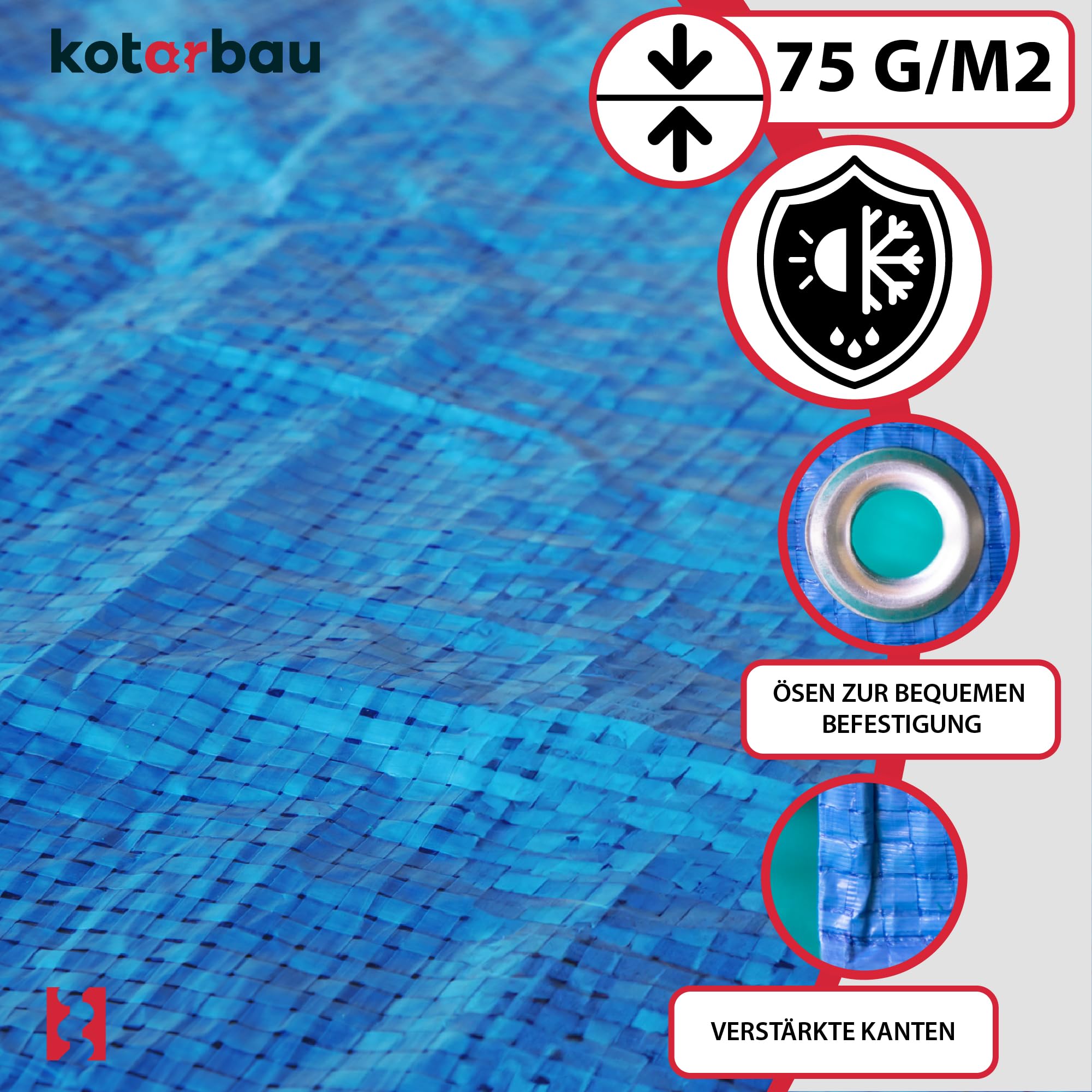 Bâche de Protection en Tissu - 2 x 2 m - Bleu 75 g/m² - avec Œillets Renforcés, Étanche et Indéchirable - KOTARBAU - 4