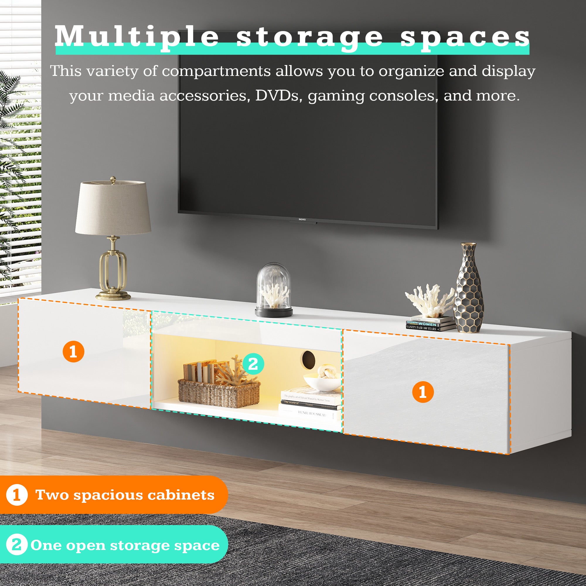 Meuble TV suspendu avec 2 portes et compartiment ouvert - 160 x 31 x 22 cm - LEDs - Panneau de particules - Blanc brillant - 4