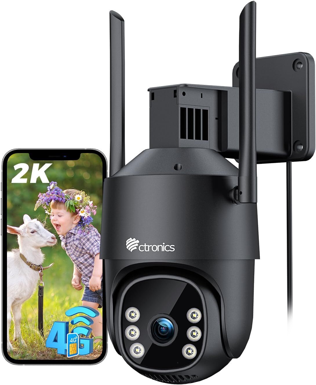 Ctronics Zewnętrzna Kamera Monitoringu 4G LTE 2K z SIM – PTZ, AI Wykrywanie Ludzi, Automatyczne Śledzenie, Kolorowe Widzenie Nocne, Nagrywanie 24/7