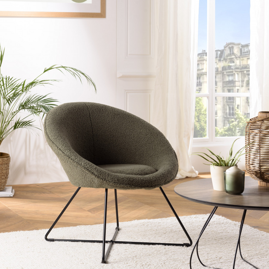 Albane- sillón de pana verde caqui con patas cruzadas de metal negro