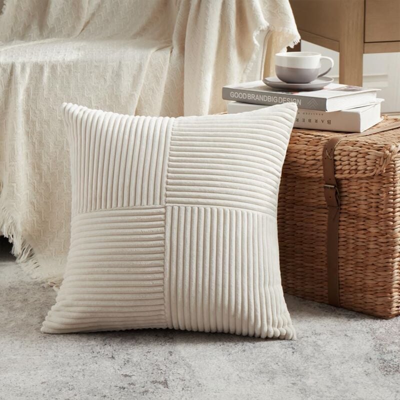 Lot de 2 Boho Housse de Coussin 45x45 Crème,à Motif Croisé Decoration Beige Clair Housses de Coussin en Velours Côtelé,Douillet Taie d'oreiller Housse - 3