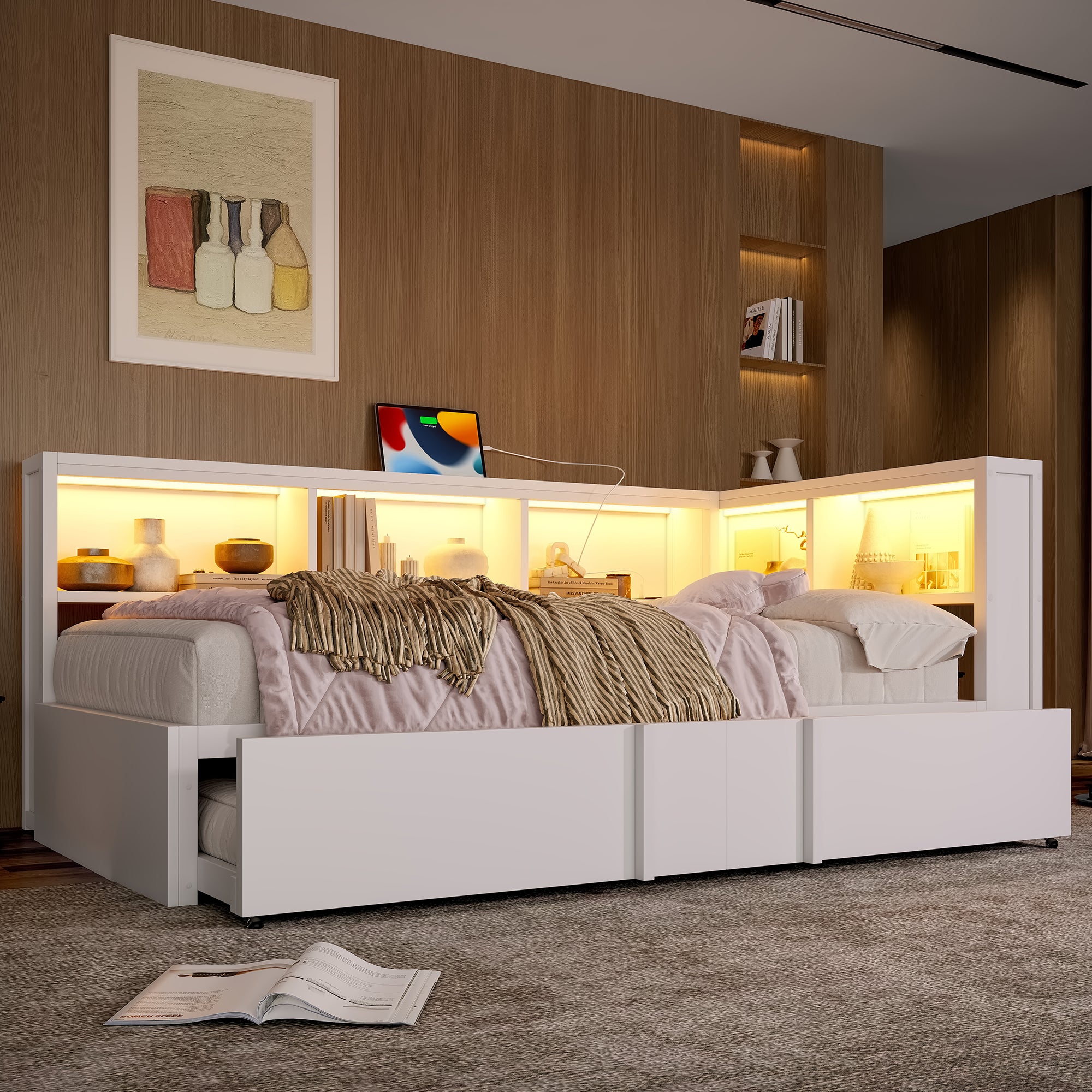 Łóżko wysuwane 90 x 200 cm z 5 przegrodami, sofa rozkładana - MDF - LED-y - stelaż z listew - biały (materac nie jest wliczony w cenę)