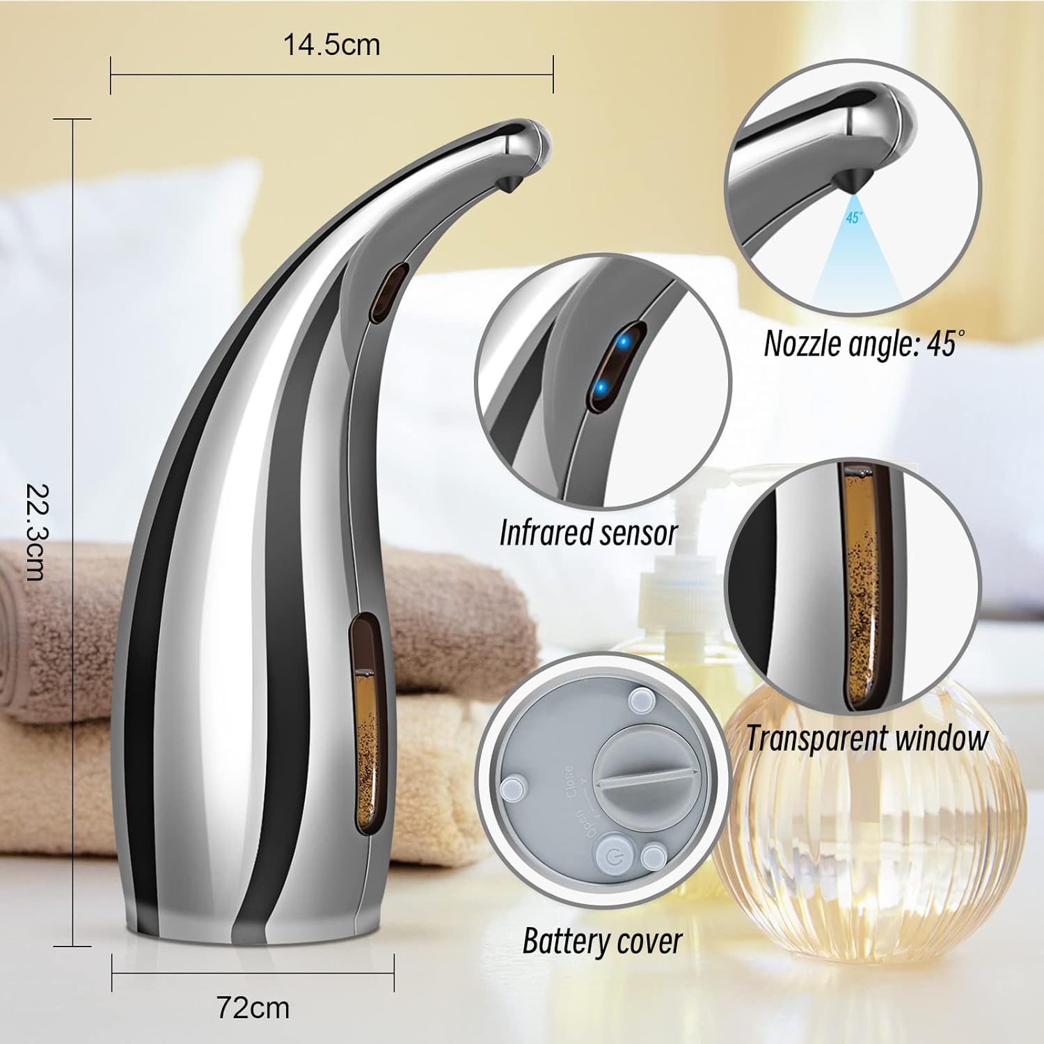 Questo distributore automatico di sapone in argento galvanizzato è un distributore di sapone con sensore a infrarossi senza contatto e grado di imper - 2