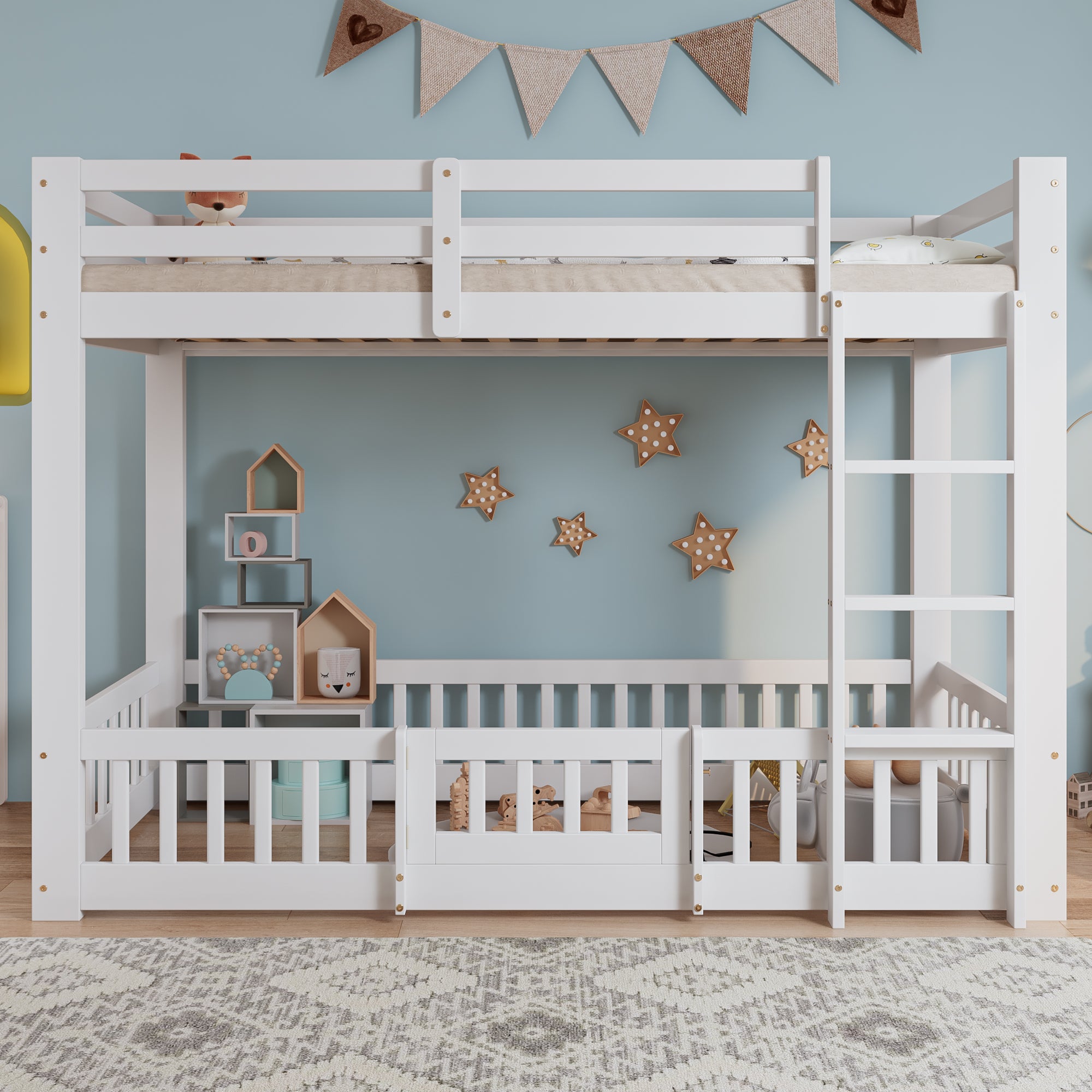 Lit Superposé Enfant 4 Places – 140x200 Cm Avec échelle Rangement, Porte Et Barrières Hautes – Blanc, Bois Massif, Sommier Lattes
