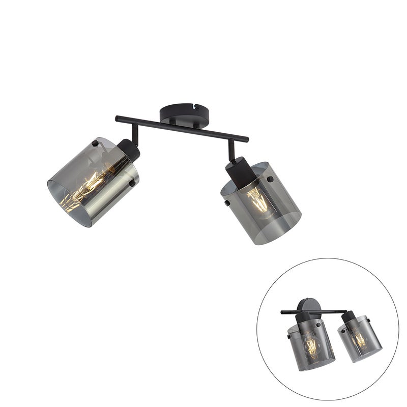 Designerski reflektor sufitowy czarny z przydymionym szkłem 2-punktowy - Domo