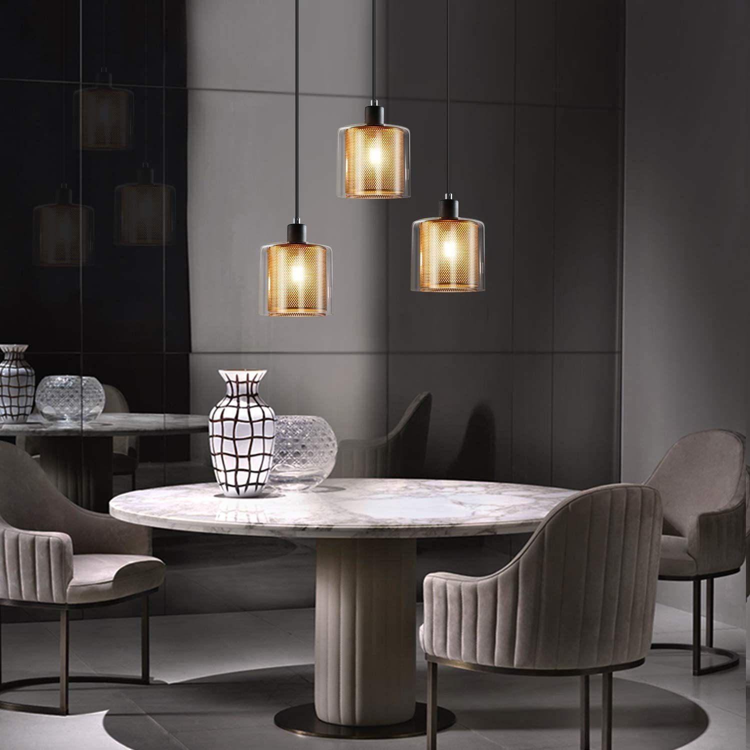 ZMH Suspension Lustre E14 métallique noire et dorée style industriel rétro 3 lampes - 2