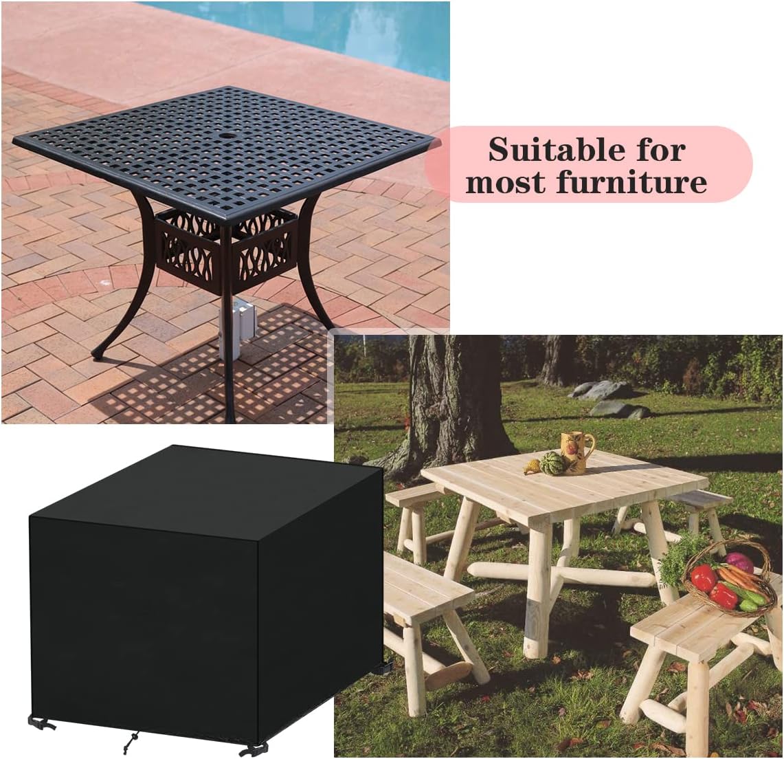 Housse de protection pour mobilier de jardin, carrée, imperméable et résistante aux UV, tissu Oxford 420D, noir, 90 x 90 x 90 cm - 5