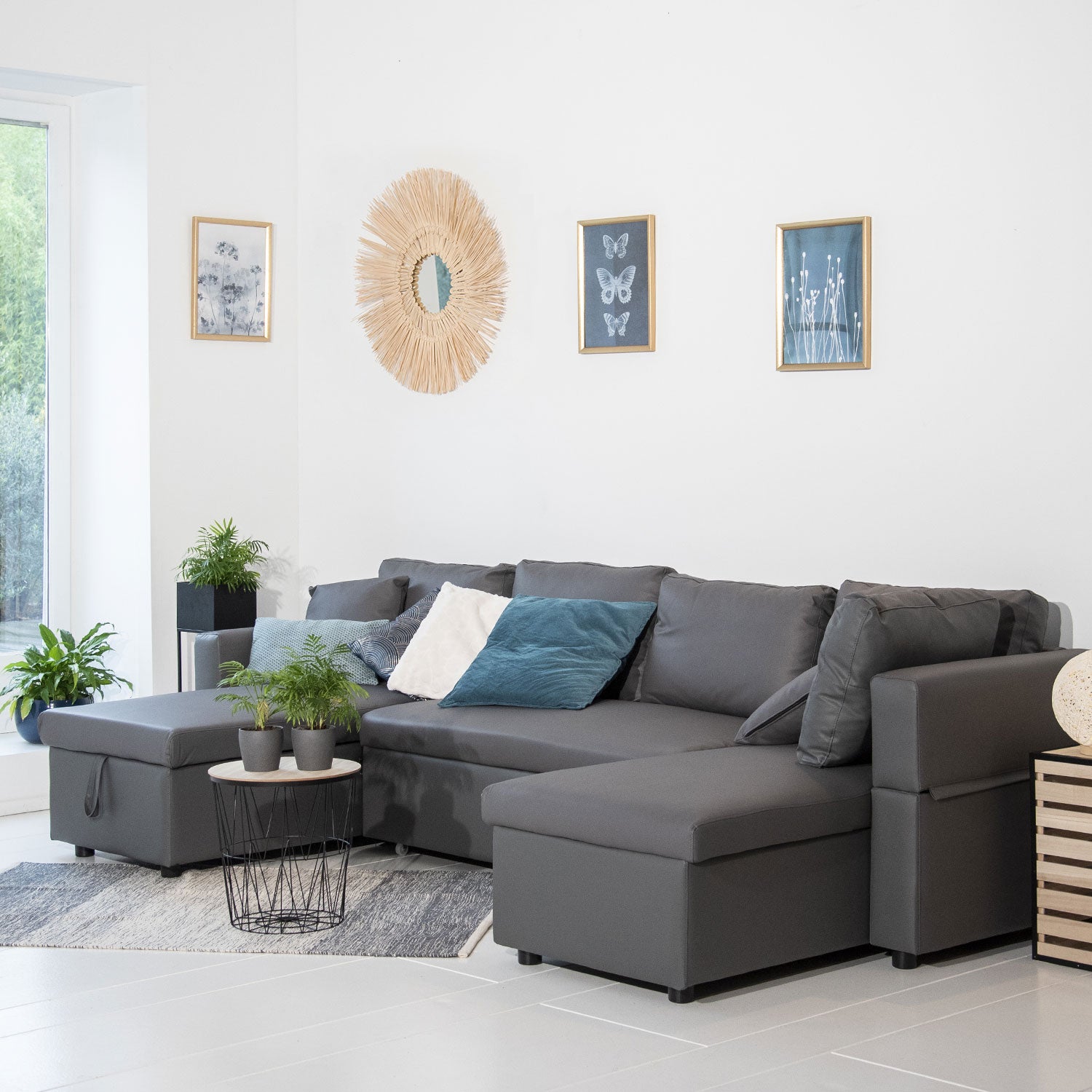 SCOTT 4-osobowa szara panoramiczna rozkładana sofa z imitacji skóry