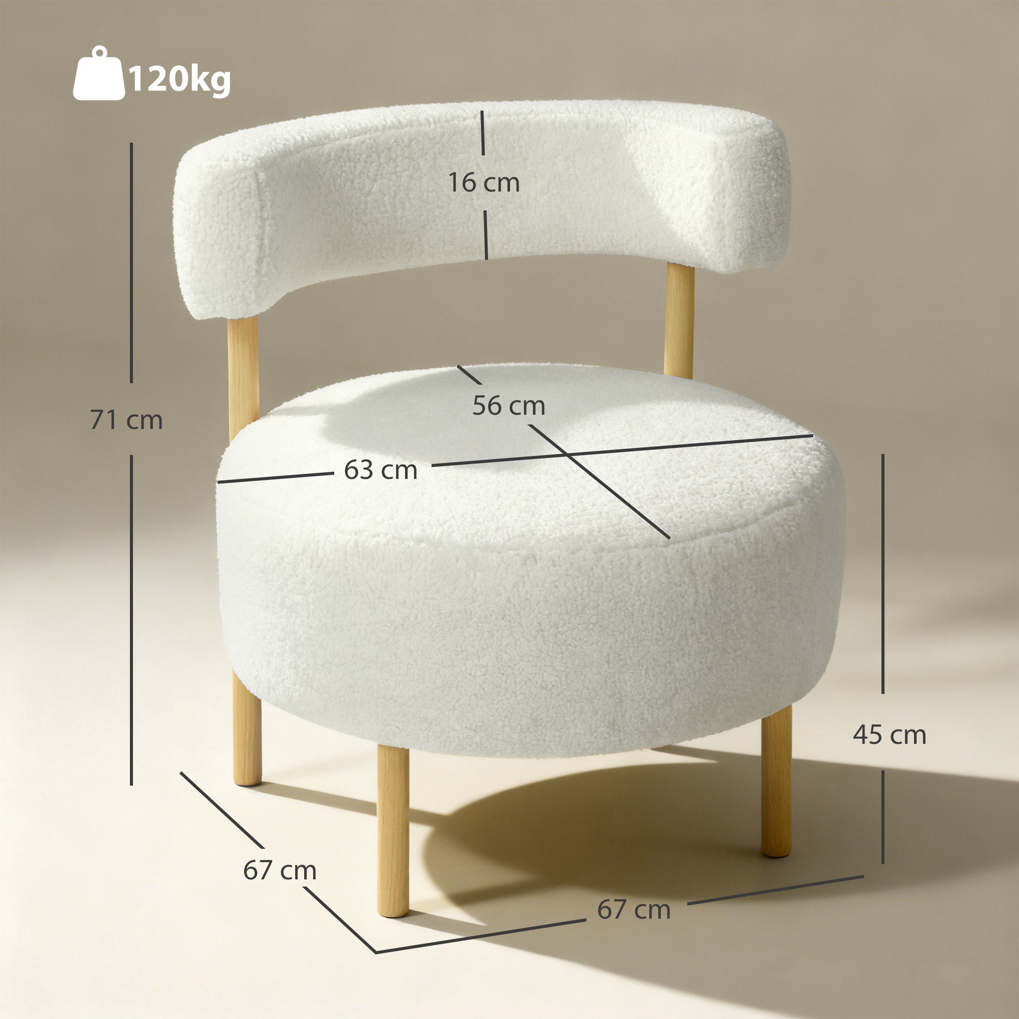 Fauteuil lounge capitonné une place bouclé crème dossier incurvé assise large 67x67x71 - 5
