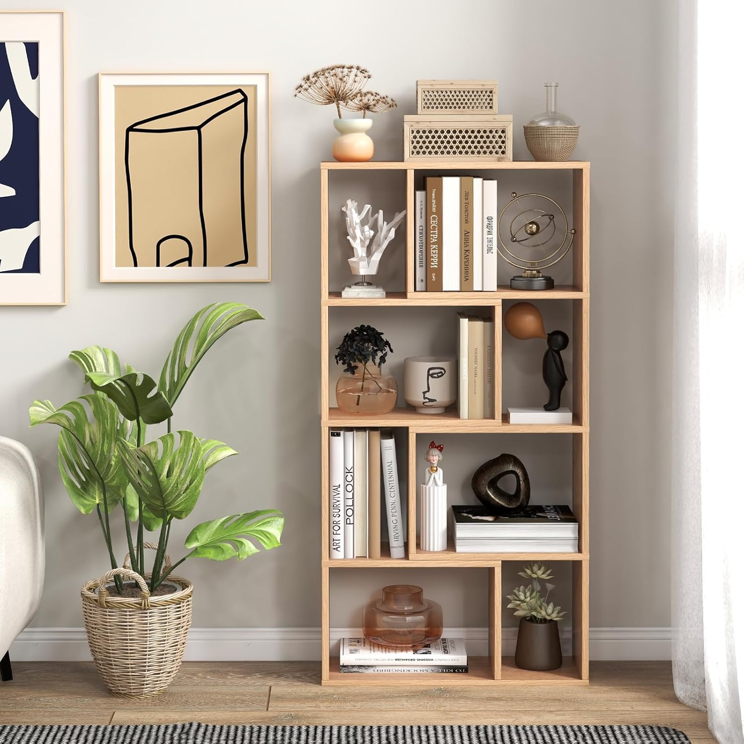 Libreria geometrica in legno, mensola aperta con 8 cubi, scaffale portaoggetti, per camera da letto, 60x20x120 cm (naturale) - 2