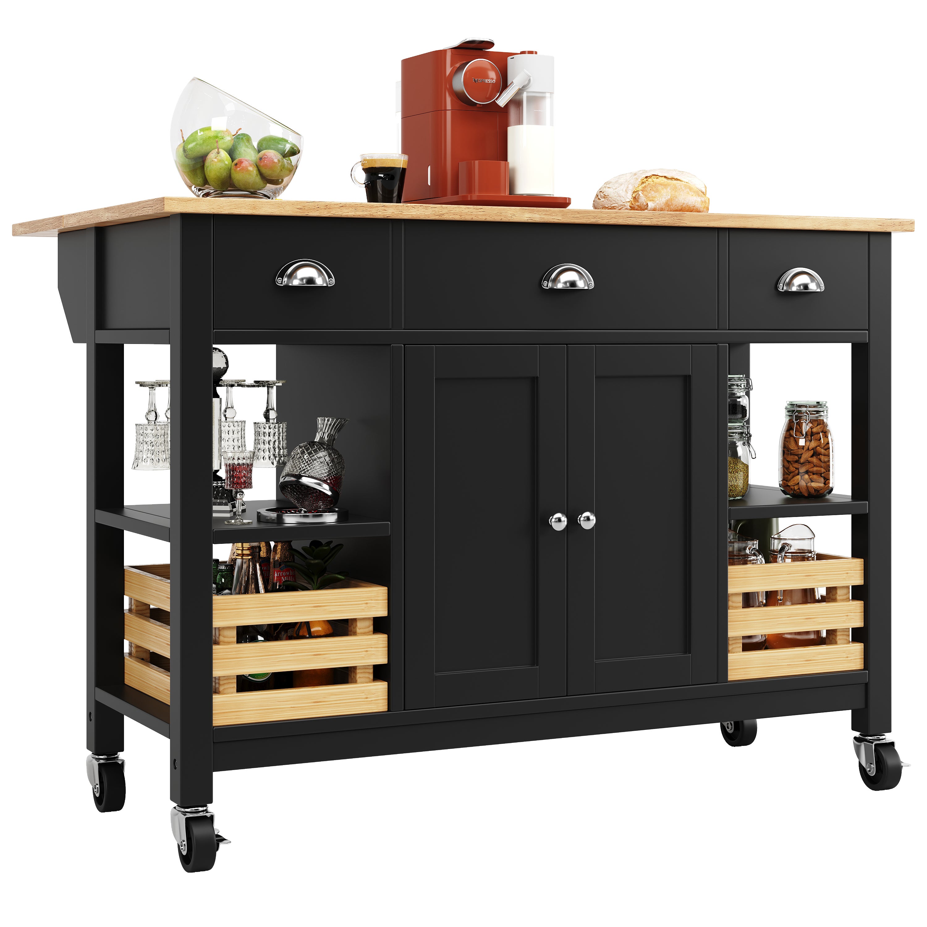 Ilot central de cuisine - chariot à roulette avec plateau extensible - 3 tiroirs et 2 portes - Noir - 3