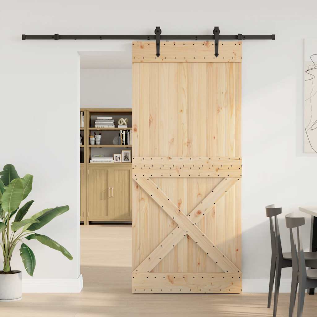 VidaXL Porta Scorrevole In Legno Massello Di Pino 90x210 Cm – Kit Hardware Incluso, Finitura Naturale, Per Ingresso E Sicurezza