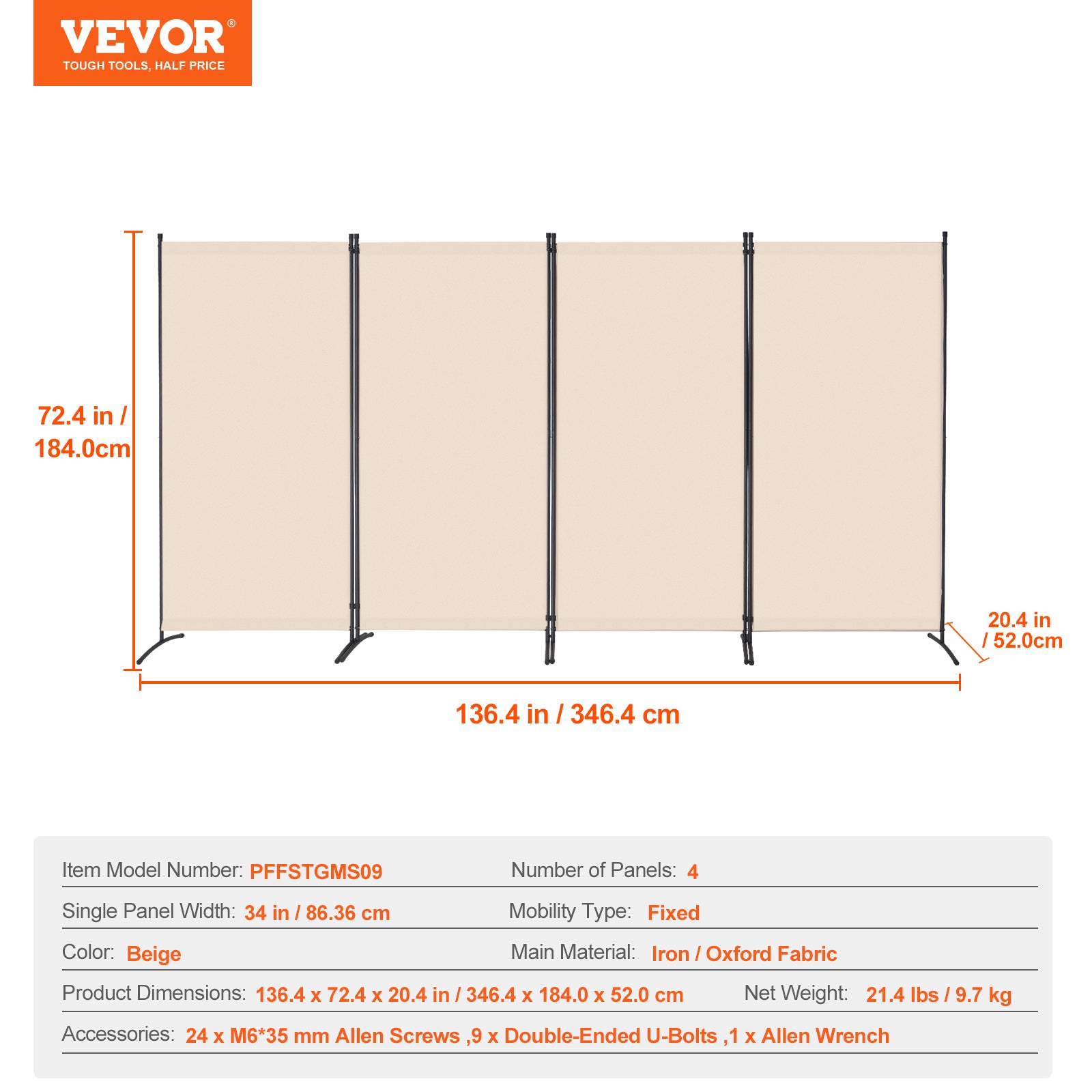 Paravent Multifonctionnel VEVOR 4 Panneaux,Cloison Séparatrice 346,4 x 184 cm,Pliable,Brise-vue Bureau,Chambre,Salon,Beige - 7
