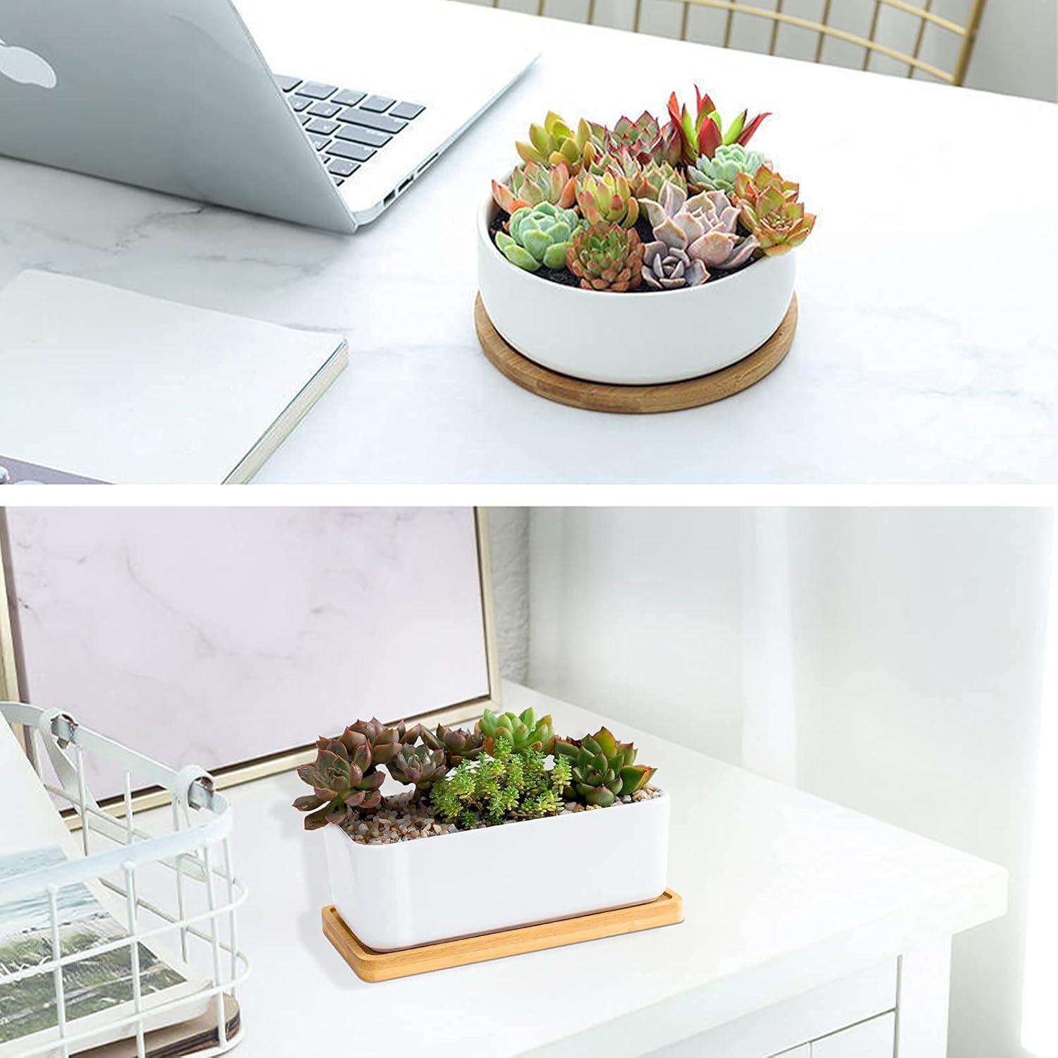 Lot de 2 petits pots de fleurs rectangulaires en céramique pour plantes grasses avec trou de drainage et plateau en bambou - 4
