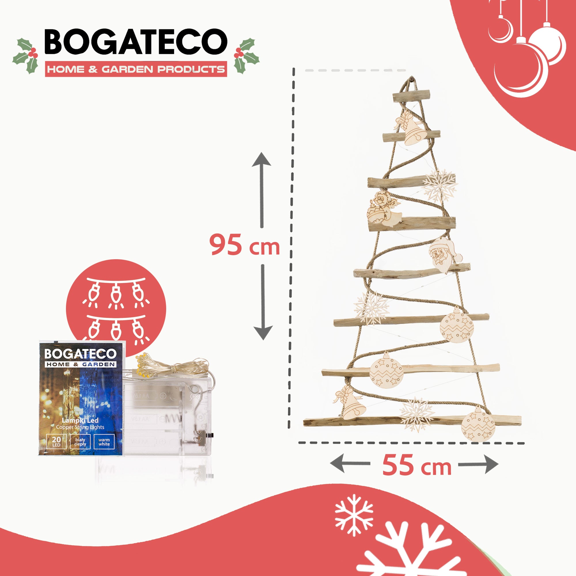 BOGATECO Sapin de Noël fait main de 95 cm de haut avec décorations | lumières LED | Panneaux en bois reliés par une corde de jute - 2