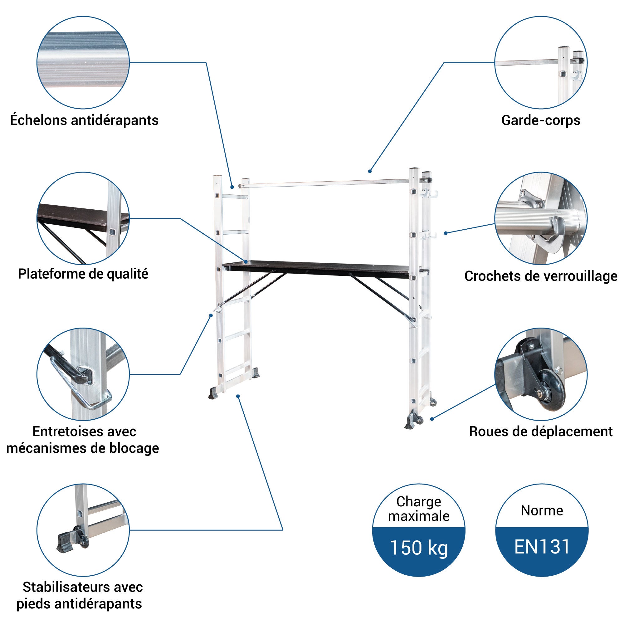 HOSTRÖM Echafaudage roulant SCAFFOLDAX2X6, échafaudage jardin et pliant multifonction 4 en 1, echelle 2 plans, H max Travail 4,46m, Garantie 5 ans - 3