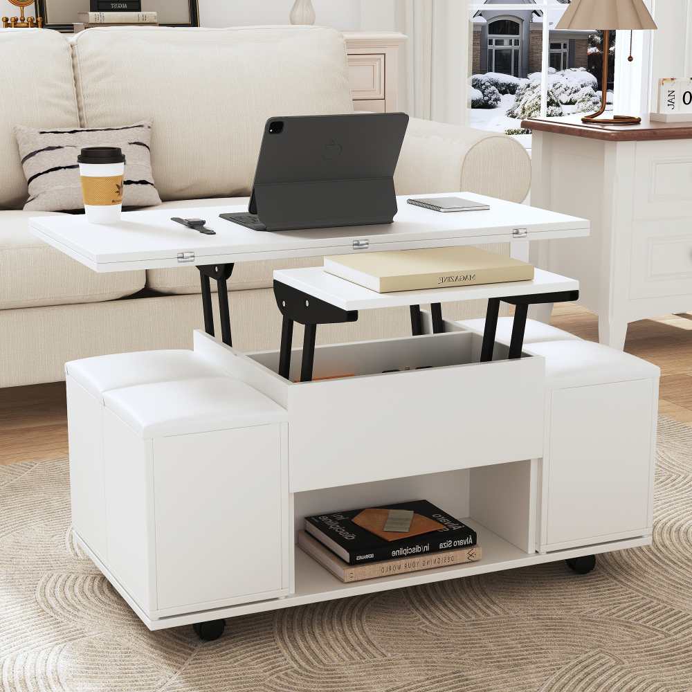 Table Basse Multifonction Réglable – 2-en-1 Bureau et Table à Manger, Surface en Bois Blanc, Espace de Rangement pour Salon et Bureau - 4