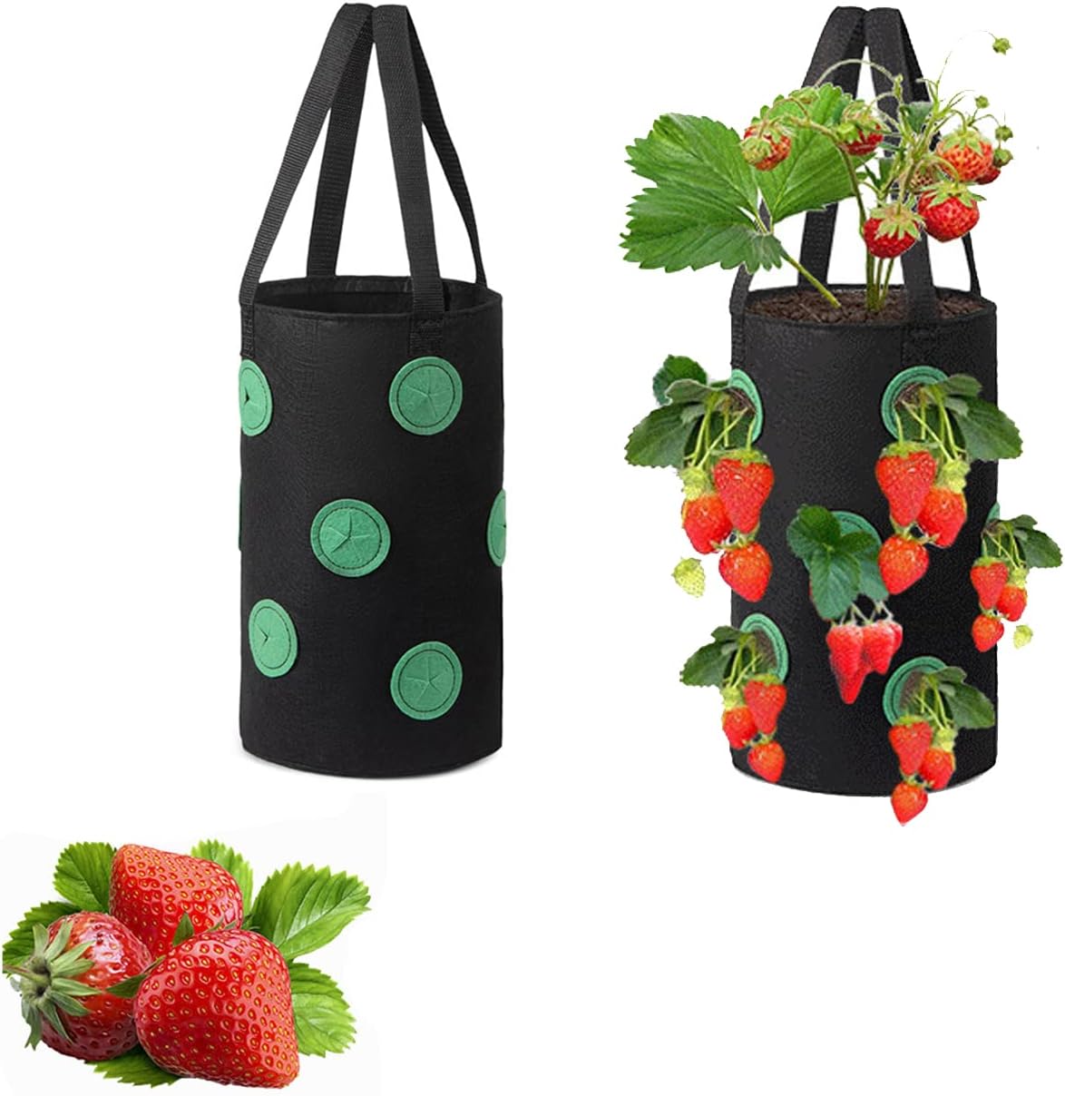 2-pak wiszących worków do uprawy truskawek z uchwytami i 12 otworami do sadzenia truskawek, warzyw i kwiatów, kolor czarny