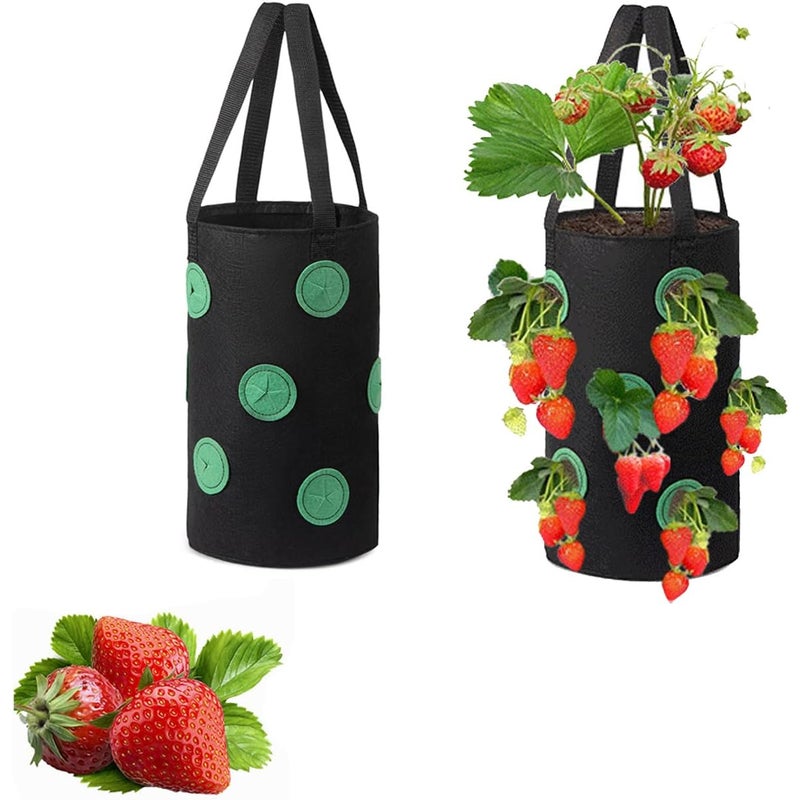 Zestaw 2 wiszących worków do uprawy truskawek z uchwytami, 12 otworów, do sadzenia truskawek, warzyw i kwiatów, czarny
