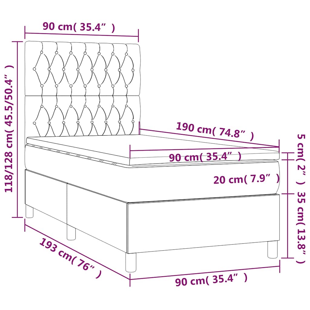 Cama box spring com colchão e luzes LED tecido cinza taupe 90x190 cm ...