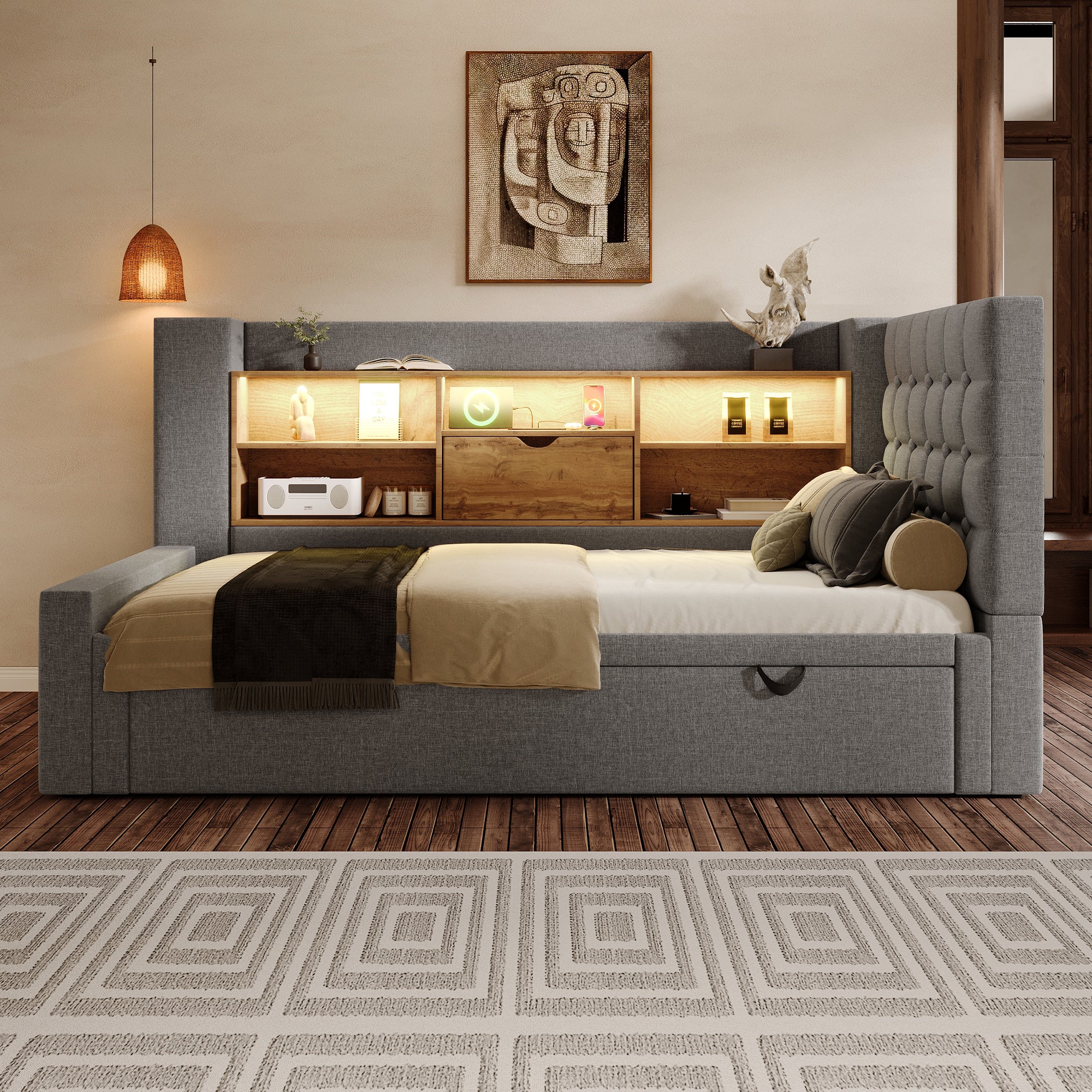 Łóżko wysuwane 90 x 200 cm + 90 x 190 cm z zagłówkiem w kształcie litery L i schowkami - LED - Tkanina lniana - Szary - 9