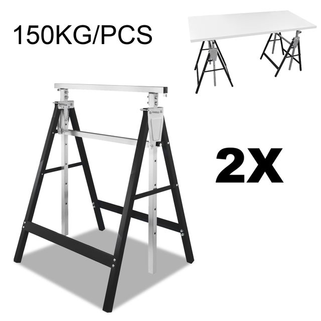 Conjunto de cavalete telescópico com 2 cavaletes ajustáveis em altura de 80-130 cm, máx. 200 kg, preto, metal, dobrável
