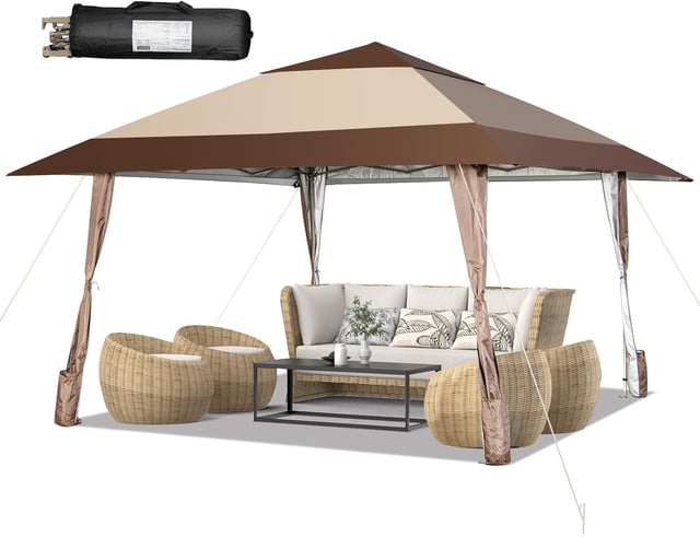 3x3M Gazebo Pieghevole da Esterno per 6-8 Persone, 3 Altezze Regolabili, Anti-UV e Antipioggia, Tendone Padiglione Portatile