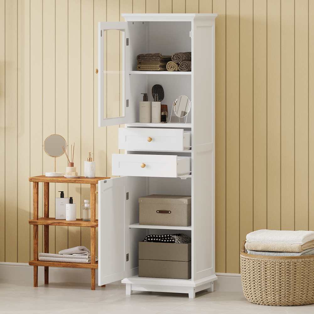 Armoire de salle de bain 45x36x160 cm avec portes vitrées, deux armoires et deux tiroirs, étagères réglables et fermeture magnétique - 2