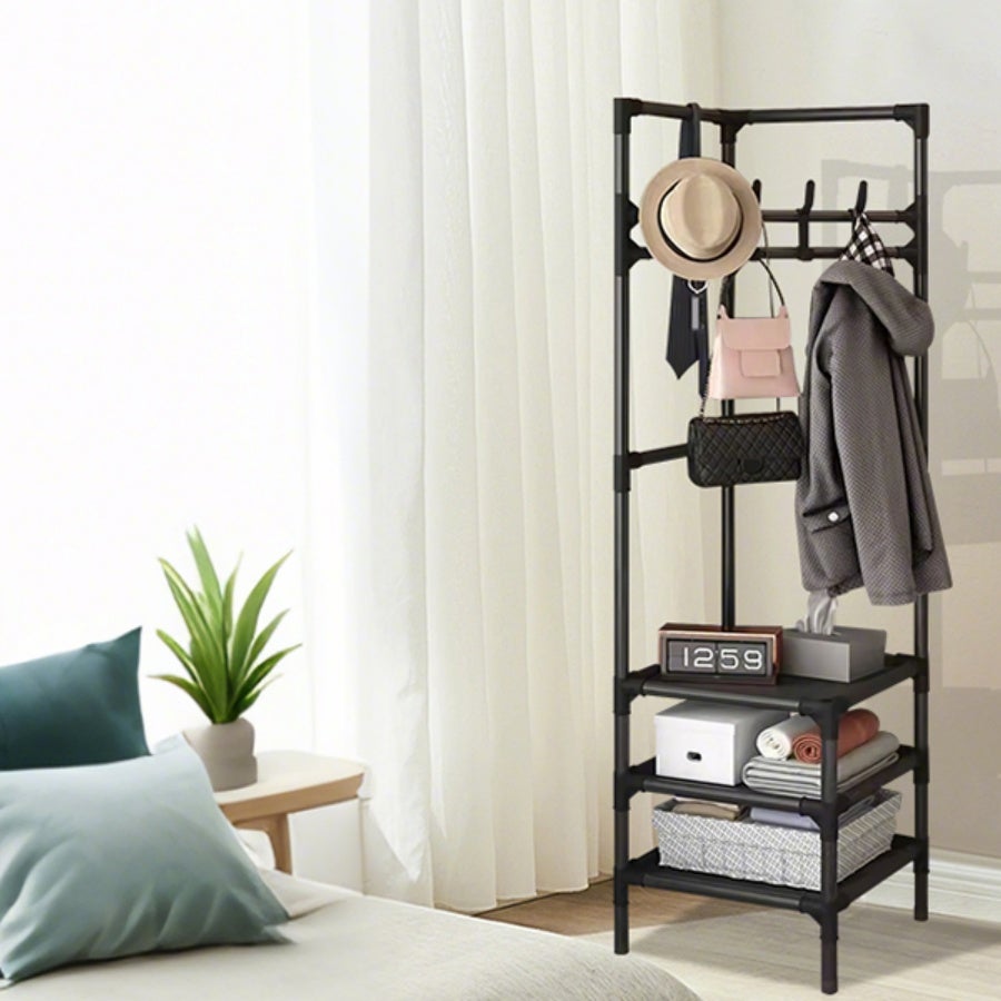 MINICLOSS Étagère rangement efficace pour vêtements, porte-chapeaux d'angle mural peu encombrant, étagère rangement à plusieurs niveaux avec crochets - 4
