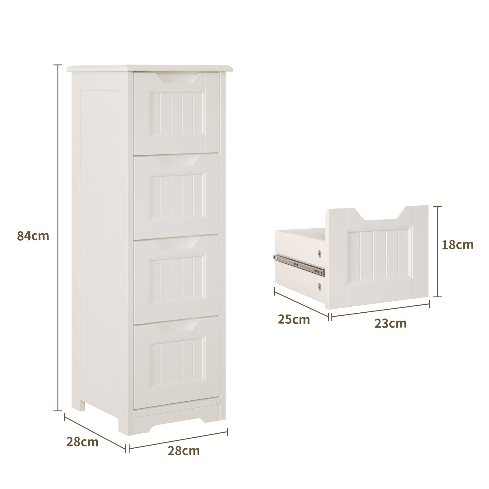 Bealife Piccolo Mobile da Ripostiglio con Piedi 4 Cassetti 28 x 28 x 84 cm Comò Basso Bianco - 3