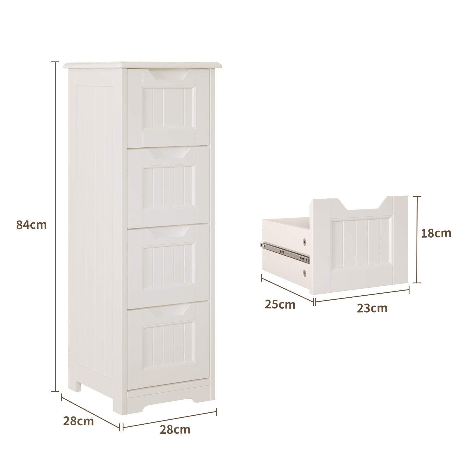 Piccolo Mobile da Ripostiglio con Piedi 4 Cassetti 28 x 28 x 84 cm Comò Basso Bianco Bealife - 3