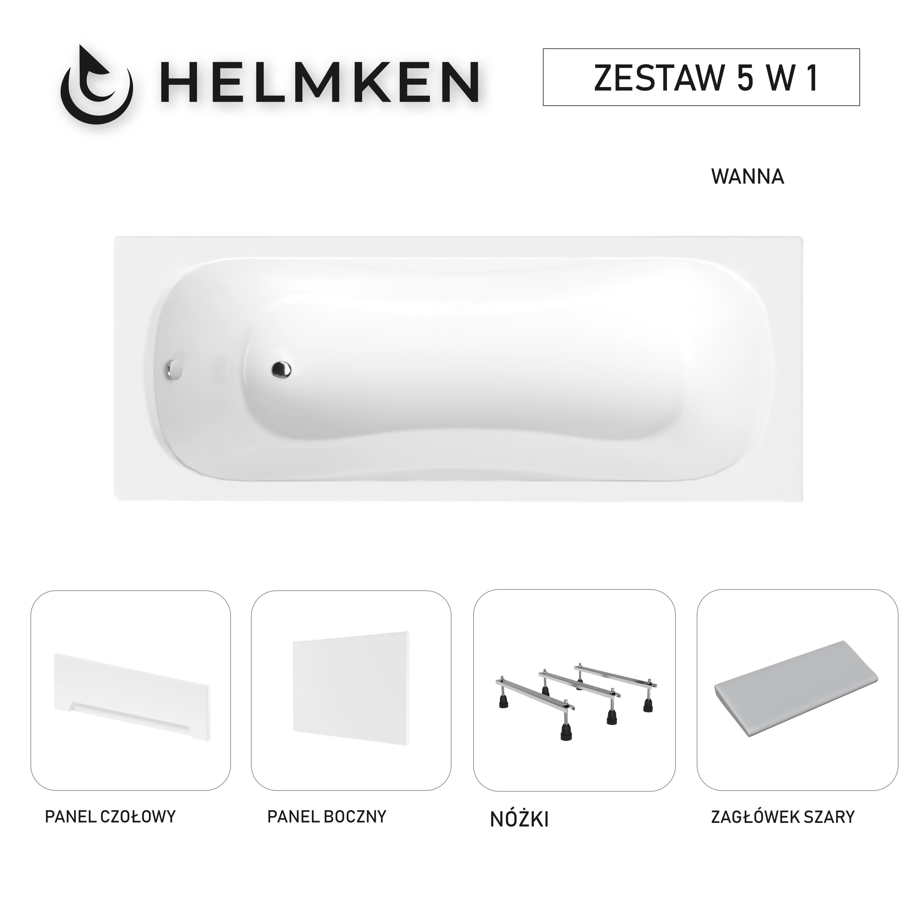 Wanna akrylowa Helmken Edelva 140 х 70 + Panel czołowy i boczny Biały + Zagłówek szary + Nóżki / 23094002ZW