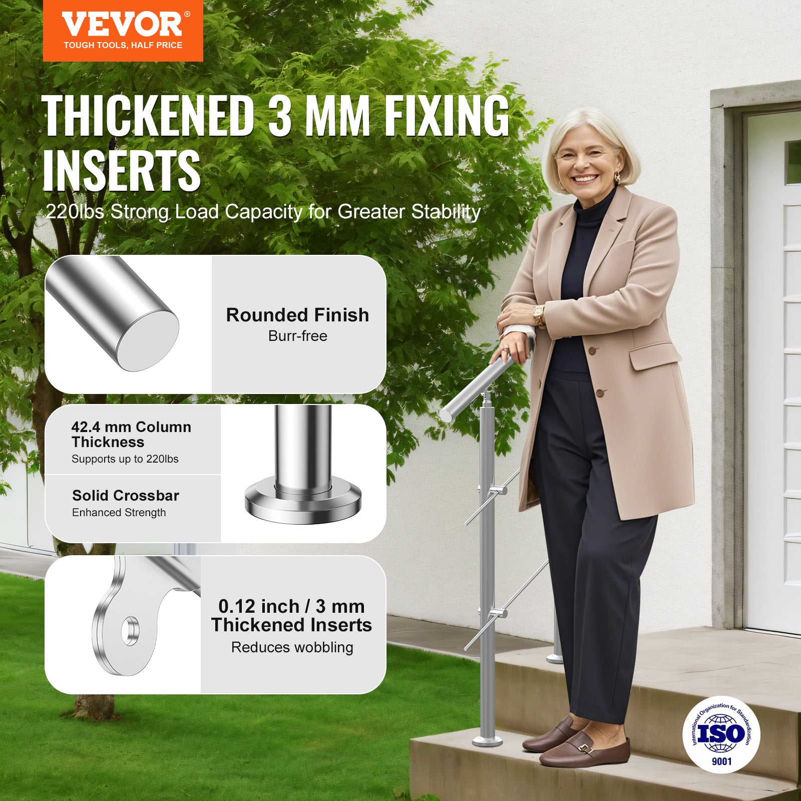 Rampe d'Escalier VEVOR 80 cm Main Courante Extérieure en Acier Inox 201 2 Barres Angle 0-45° pour Marches Porche Terrasse - 2