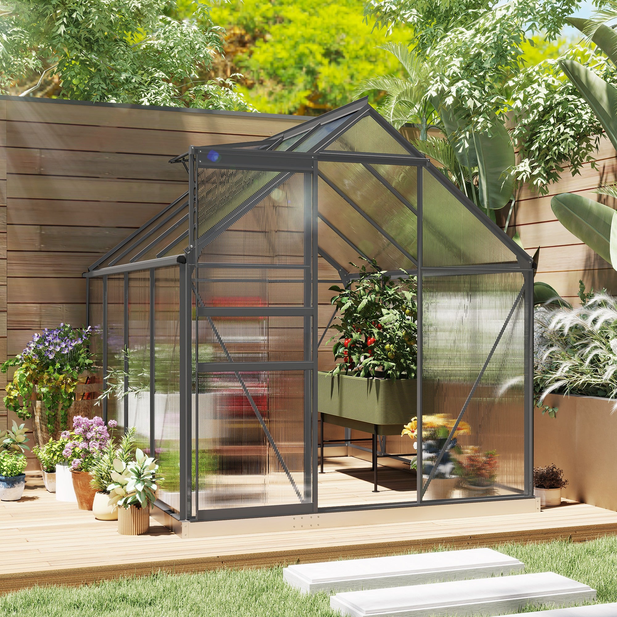 Serre de jardin - Outsunny - 4,8 m² - avec fondation lucarne réglable porte coulissante - polycarbonate 1,9x2,53x1,99m transparent - 2