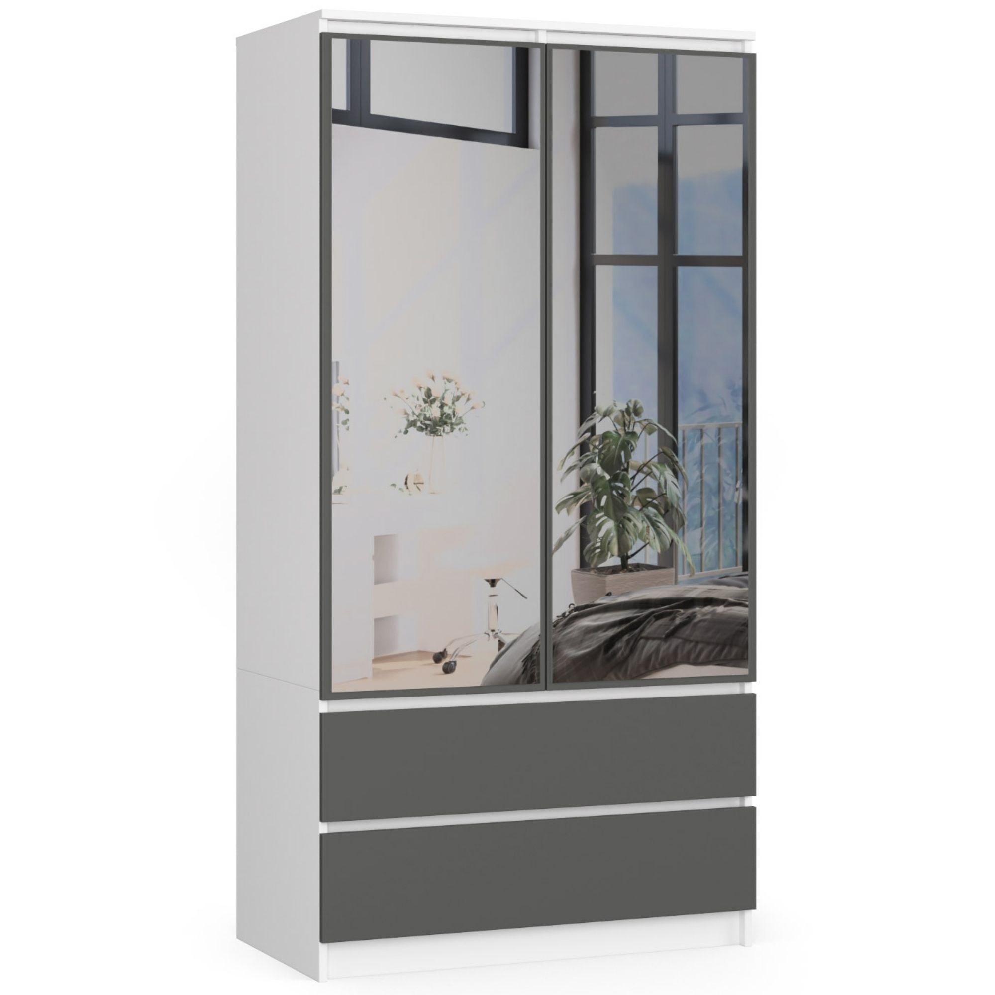 Szafa AKORD S90 Biała 90 cm z lustrem 2 drzwi 2 szuflady kolor Grafit Szary mat 4 półki 90x51x180 cm
