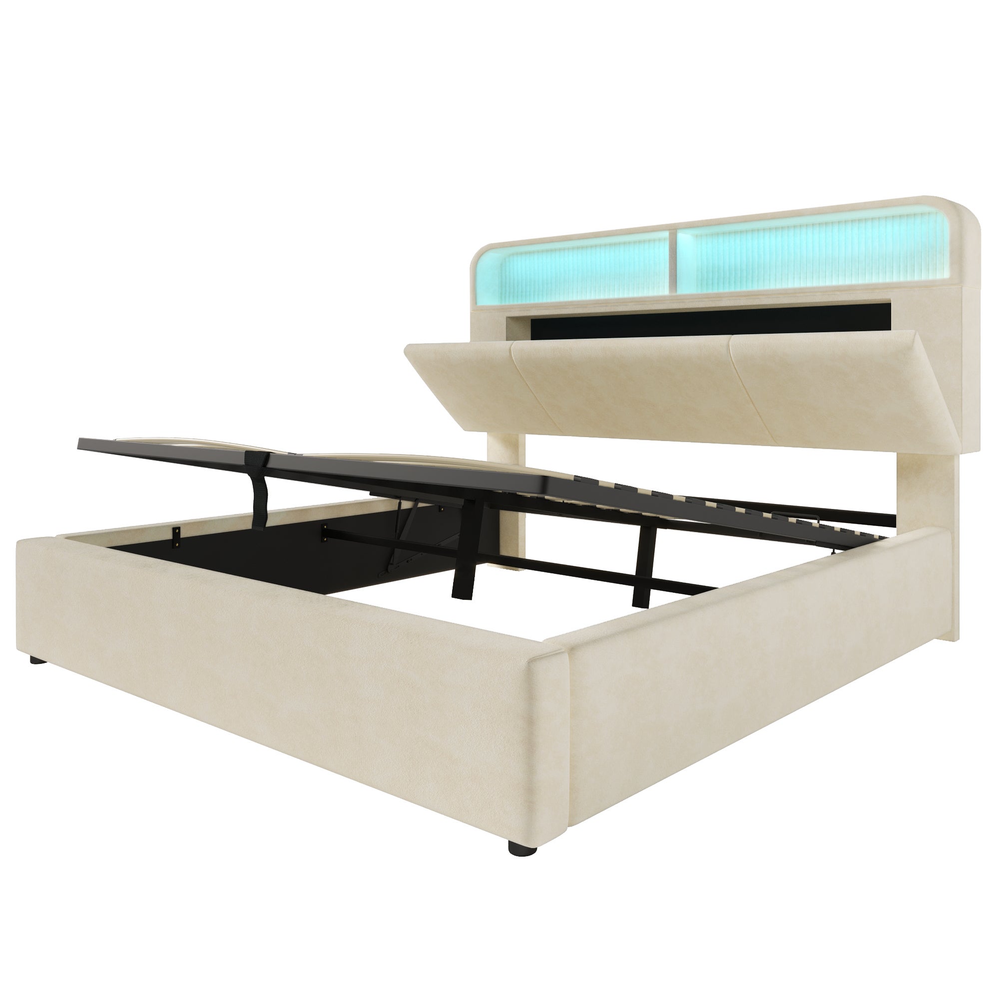 Lit coffre 140 x 190 cm avec tête de lit rangemnt - Velours - LEDs, charge USB/Type-C - Sommier à lattes - Beige (matelas non inclus) - 10