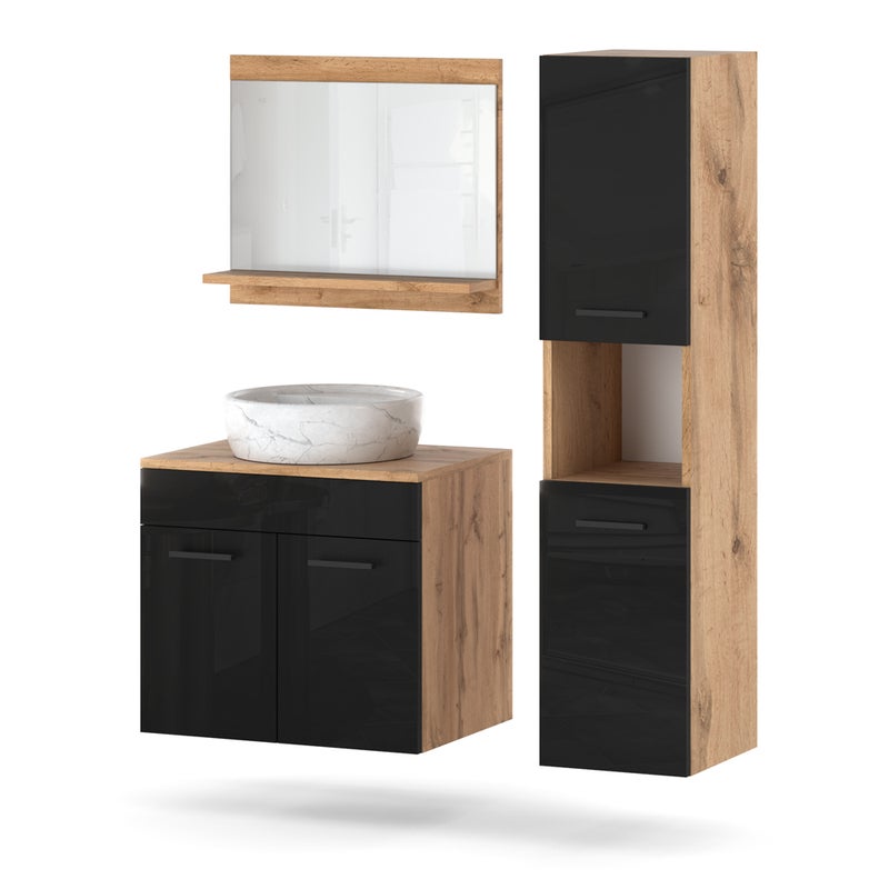 Meble łazienkowe 90cm wiszące szafka szuflady słupek wotan czarny połysk