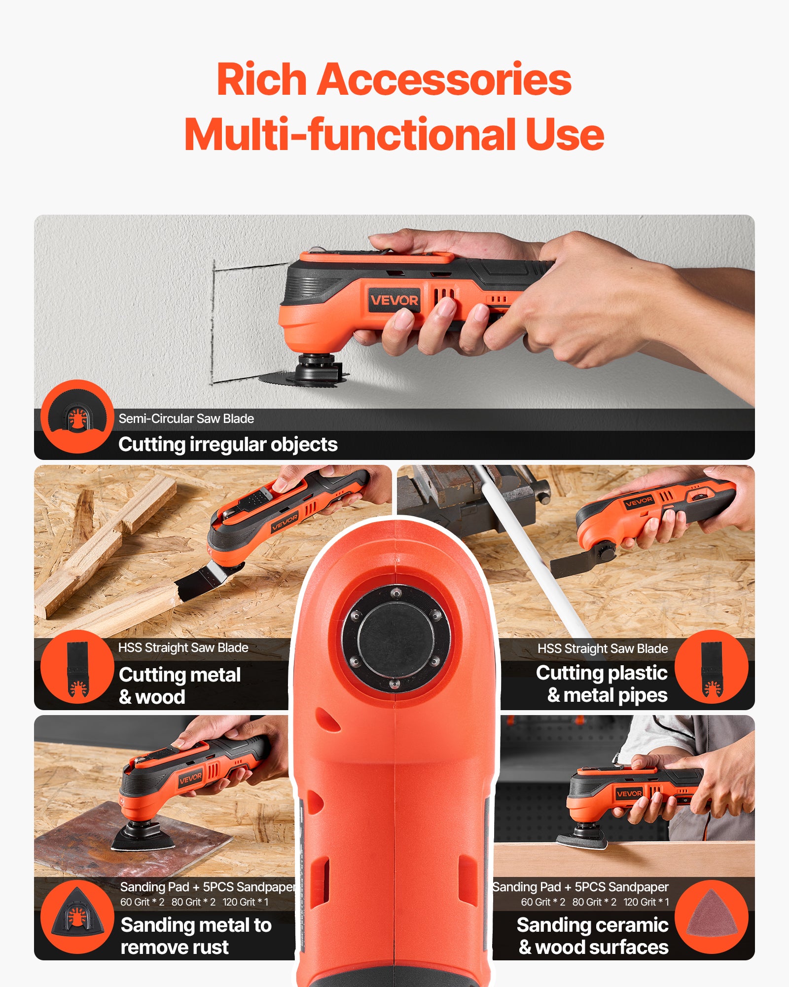 Outil multifonction oscillant VEVOR 12V sans fil, 6 vitesses 6000-17500 tr/min, angle 3,2°, batterie 2Ah, chargeur, pour ponçage/coupe - 2