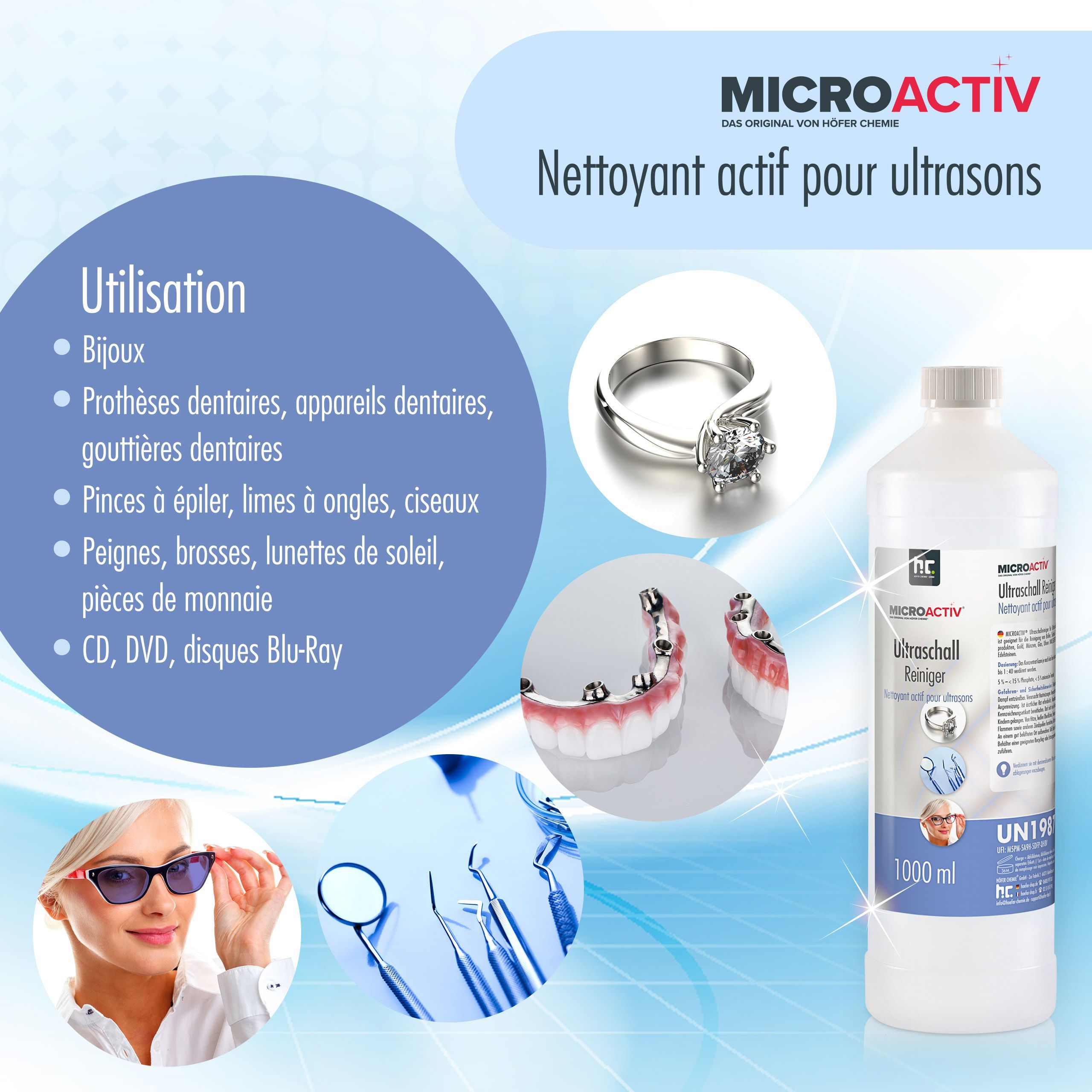 6 x Produit detergent ultrason Microactiv® en bouteille de 1 L - 6