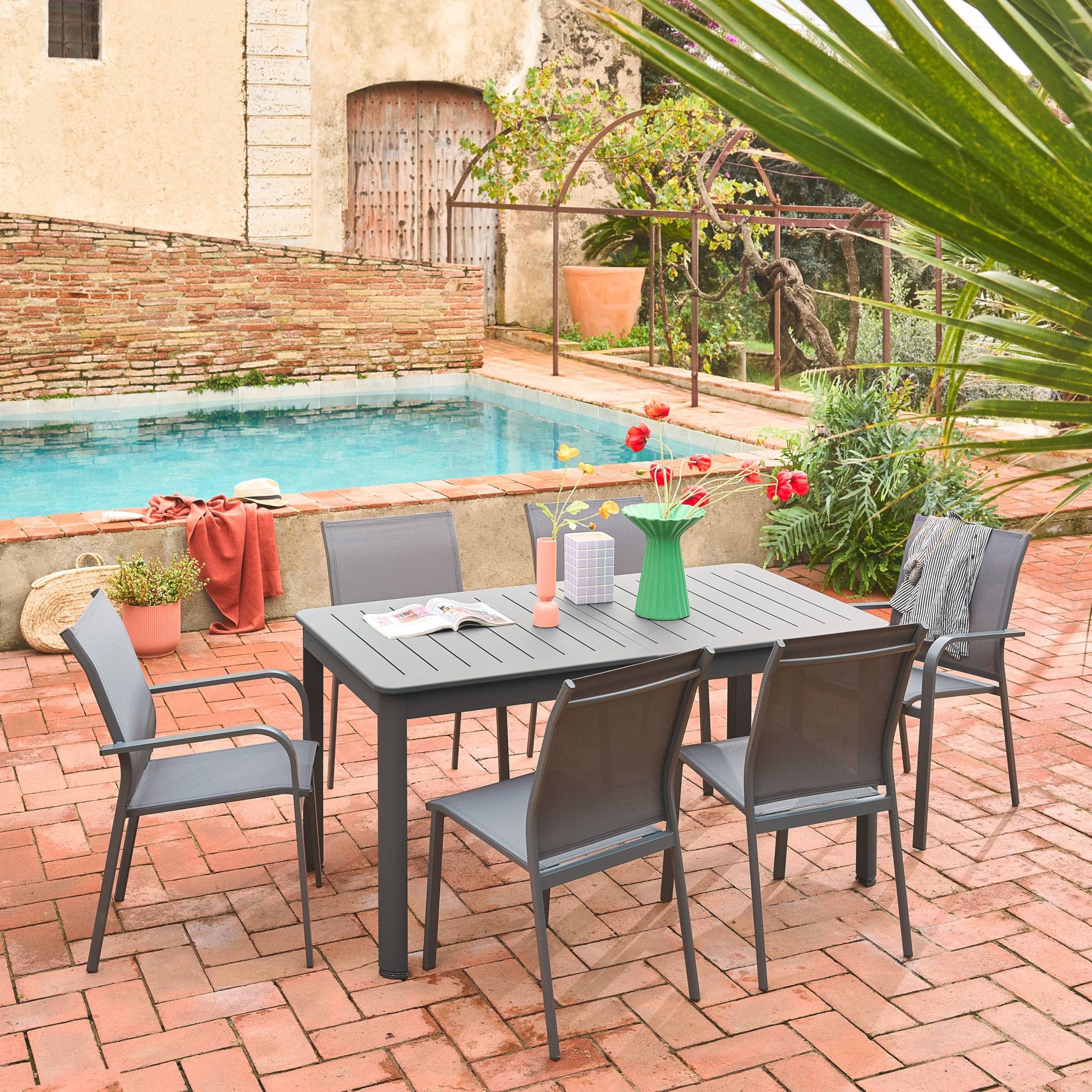 Mesa de jardín extensible de aluminio con 6 sillas Antracita - 218.5x89x75 cm - 3
