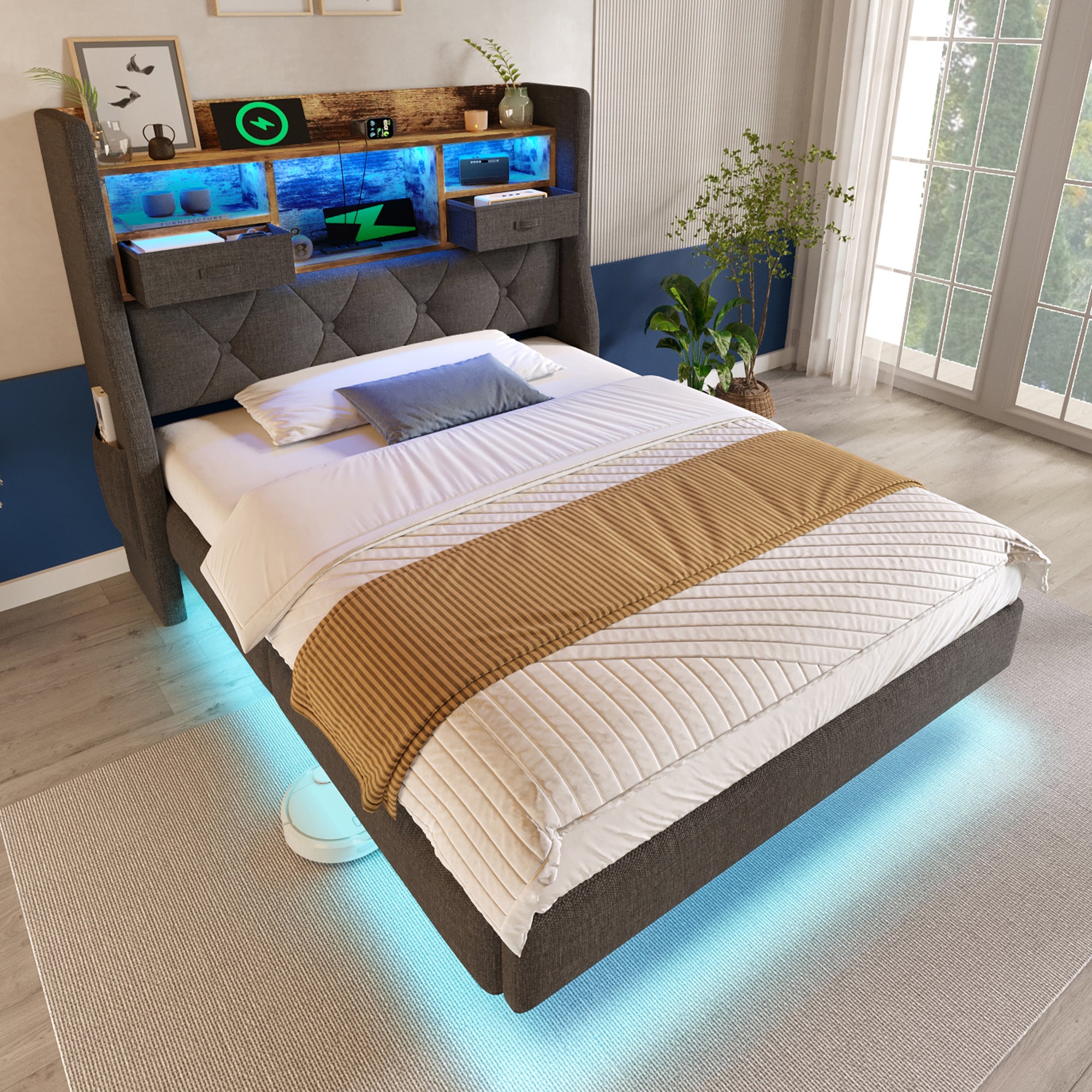 Łóżko tapicerowane 90 x 200 cm z zagłówkiem ze schowkiem - Gniazdo USB i typu C - Tkanina lniana - Diody LED - Szare (bez materaca) - 9
