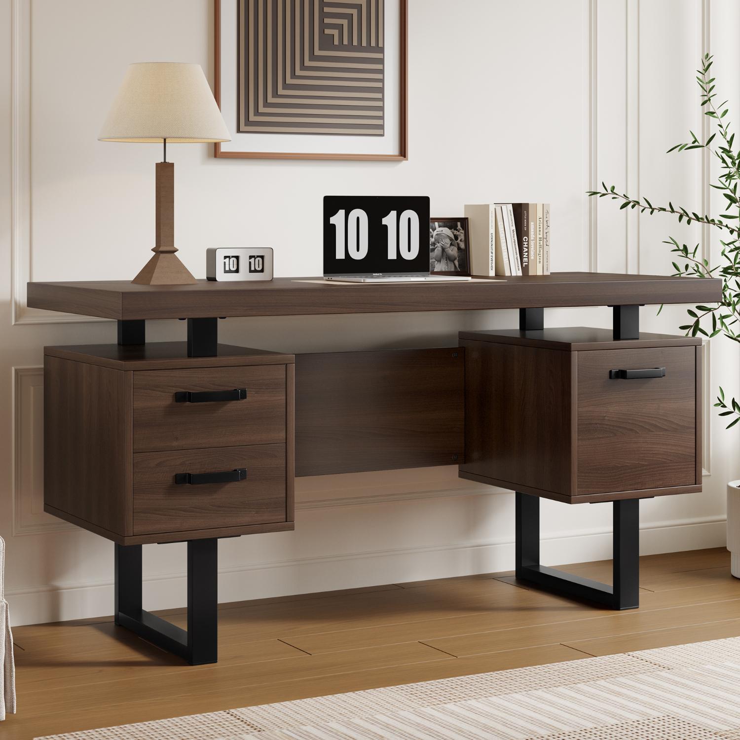 Bureau d'ordinateur 135x54 cm en MDF et acier, 2 tiroirs silencieux, rangement dossiers, plateau épais - 3