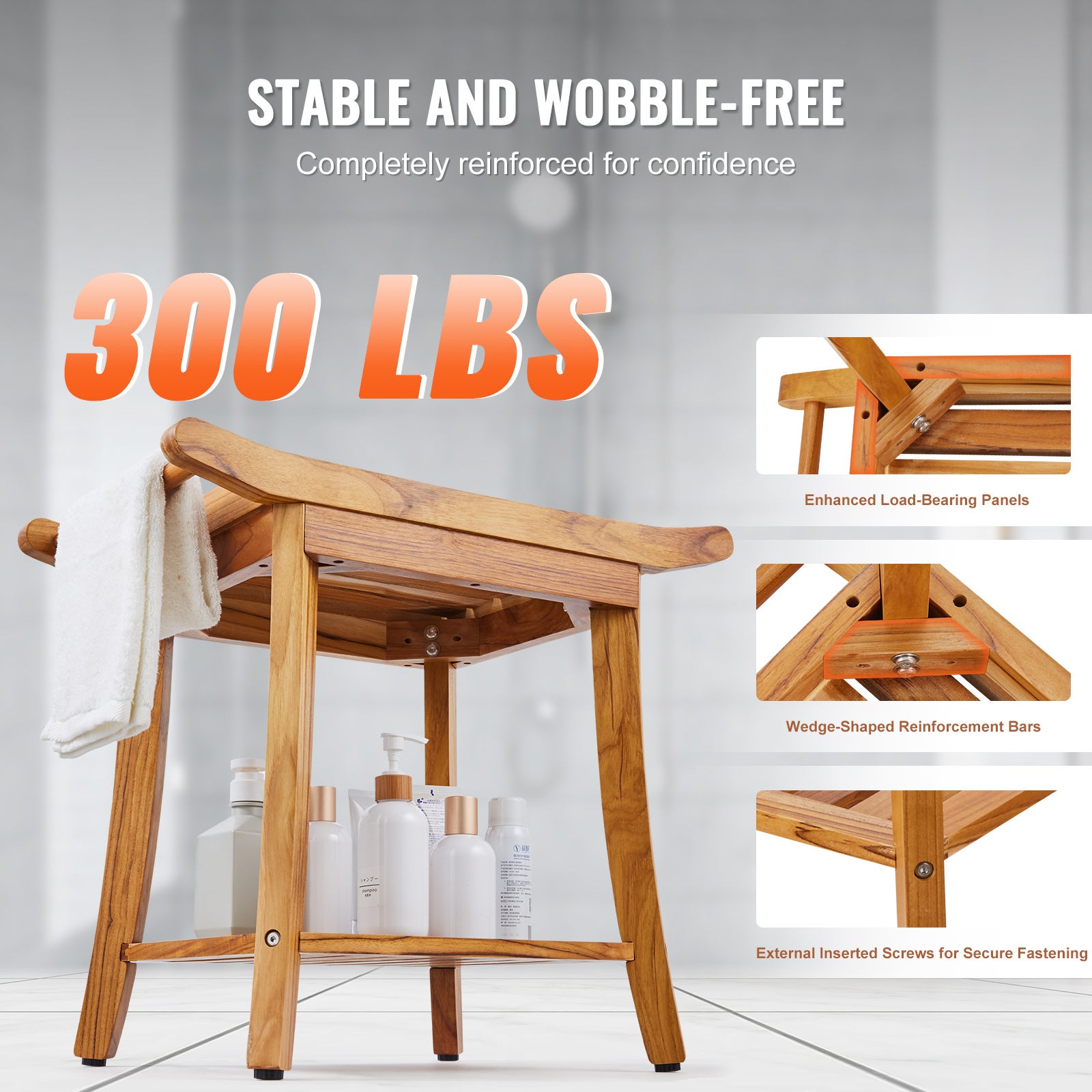 Tabouret douche en teck,VEVOR 560x365x470 mm,tabouret douche étanche avec poignées rangement,pieds antidérapants,300 lb,adapté à la salle de bain - 3