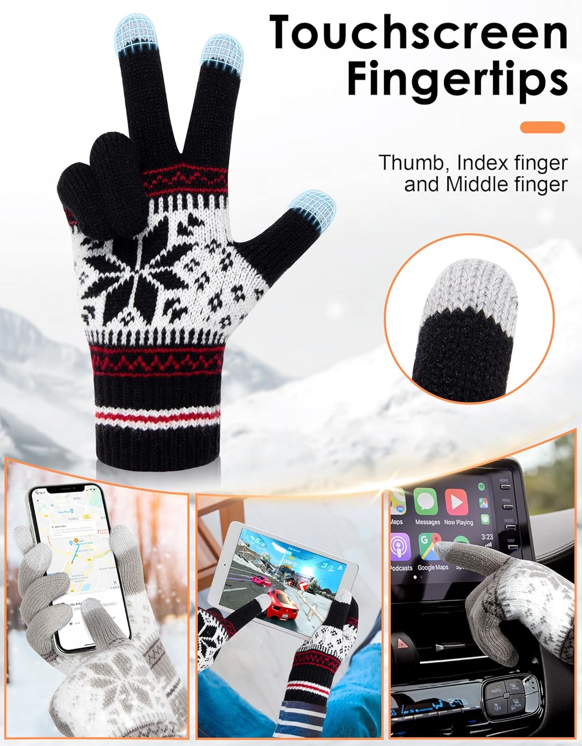 Gants de Noël pour couple – Gants d'hiver épais et élastiques pour écran tactile – Motif flocon de neige, noir et gris - 3