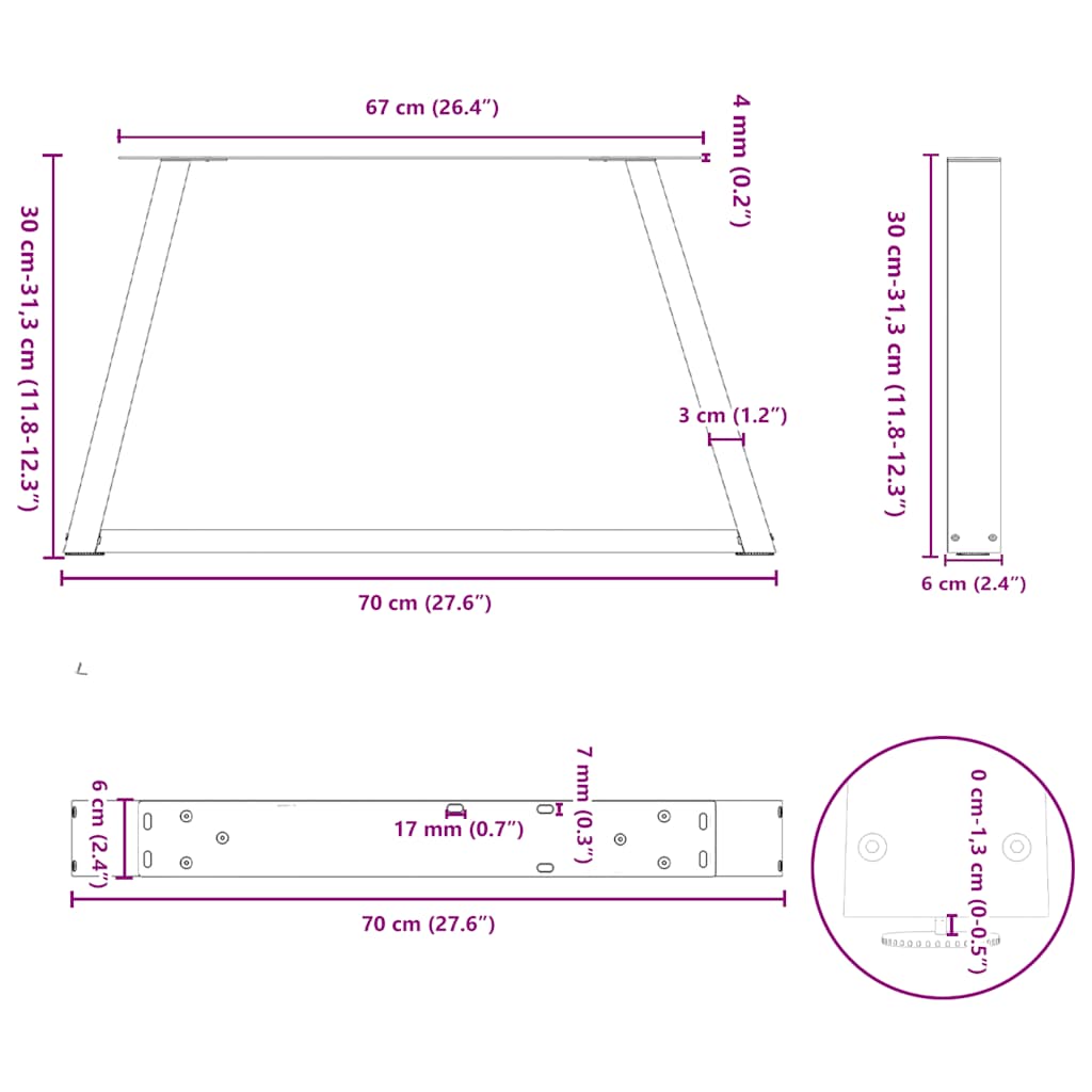 Pernas para mesa de jantar formato V 2 peças brancas 70x(30-31,3) cm - COMFORTXL - 9