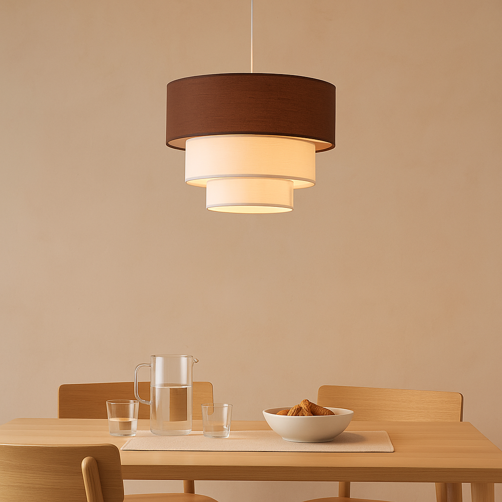 Lampada a Sospensione in Tessuto “NIVELA” a Tre Livelli in Bianco e Marrone Combinati, Ø38 cm x 30 cm, Attacco E27 - 5